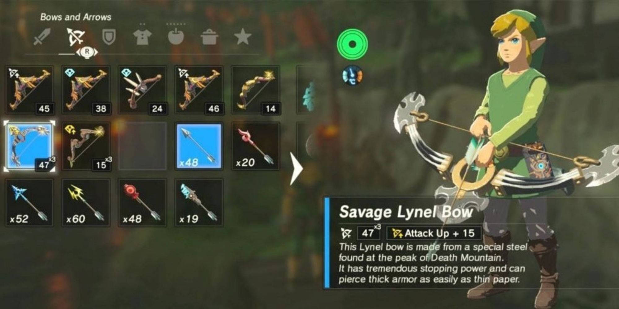 Link holding the Savage Lynel Bow in the menu.