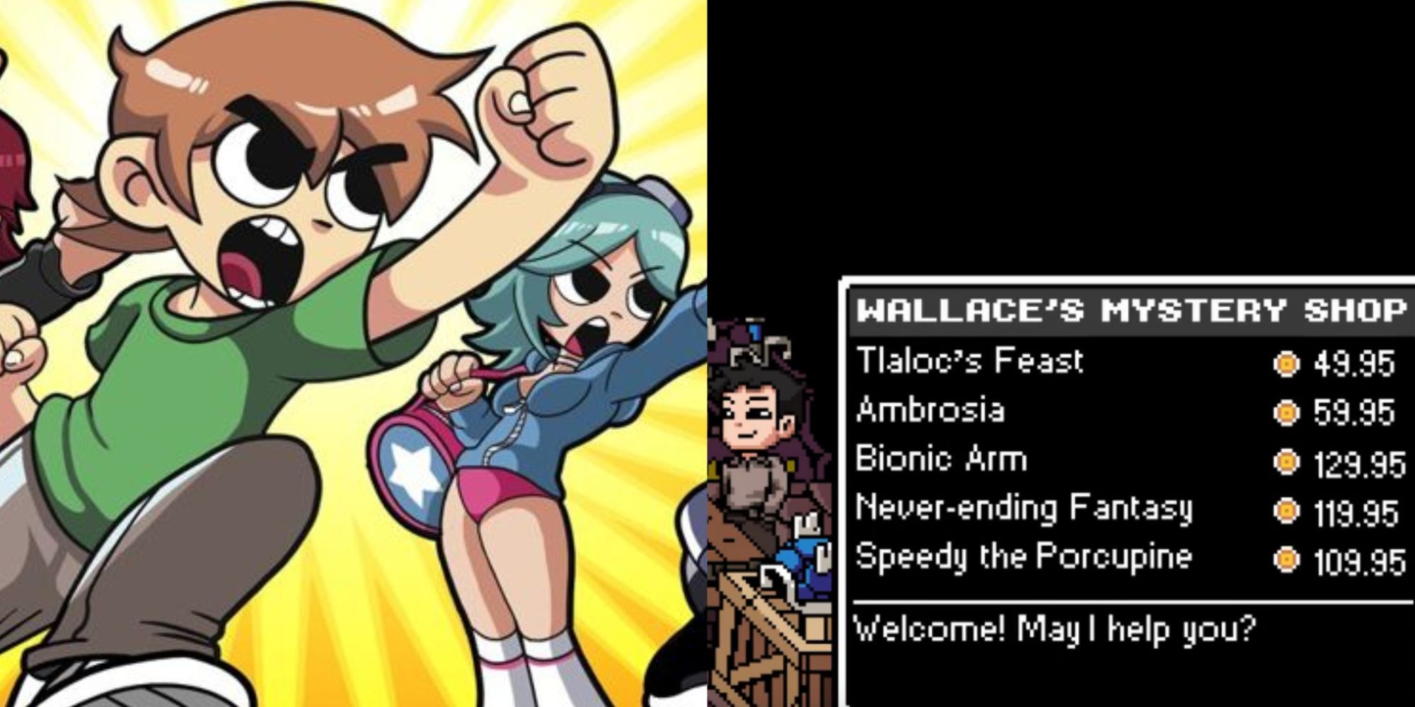 scott pilgrim game cover and wallace secret shop with video game reference items