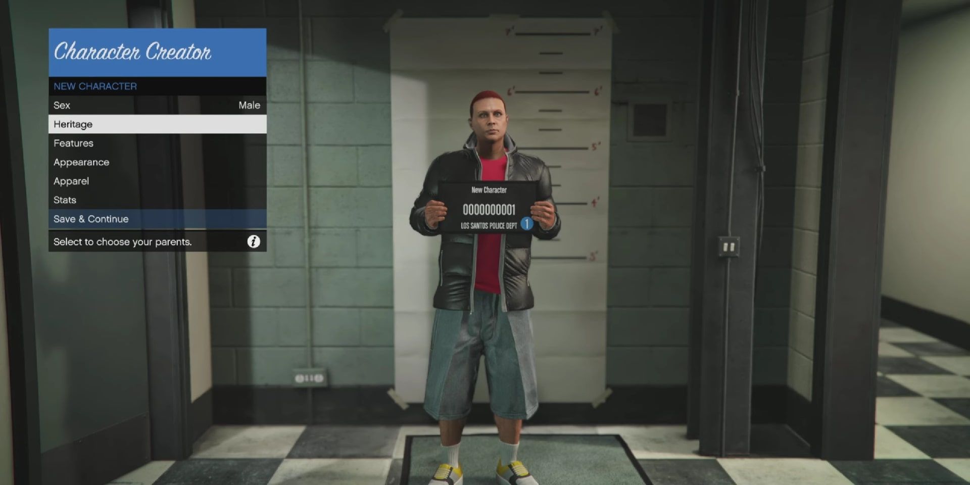 A player avatar lined up for a mugshot at the Los Santos Police Department character creator menu, with the customizable features and UI off to the side.
