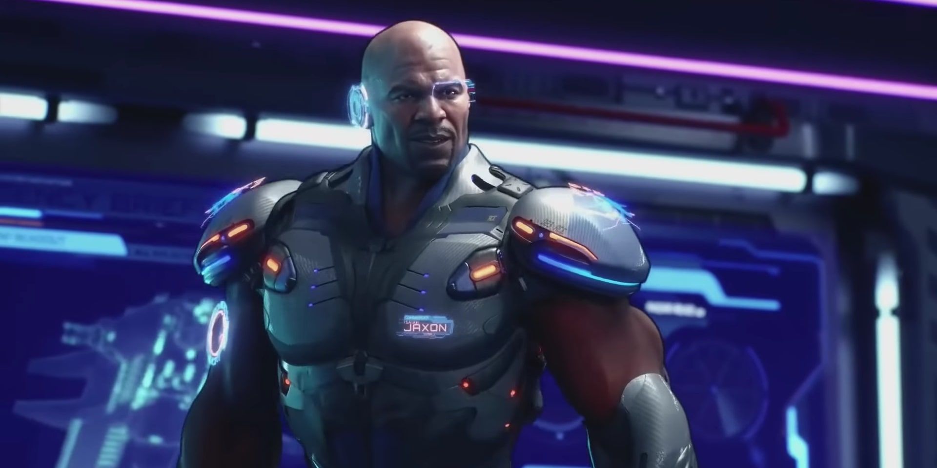 Terry Crews as his Super-Agent character in an advanced tech suit during a cutscene in the beginning of the game.