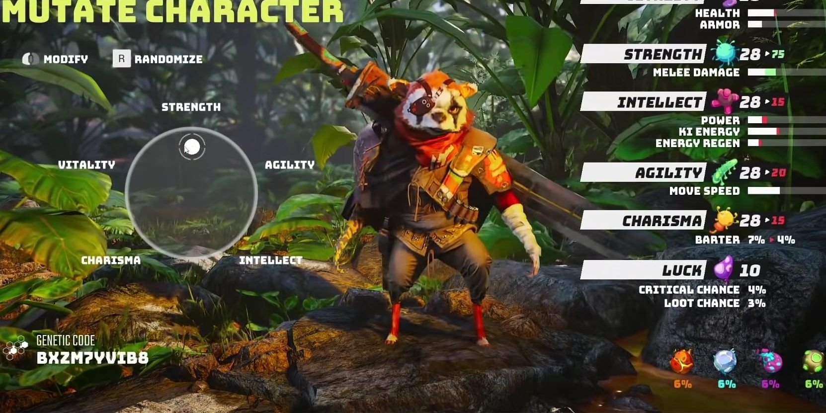 The Biomutant character awaiting a mutation customization with all the specific stats visible off to the side.