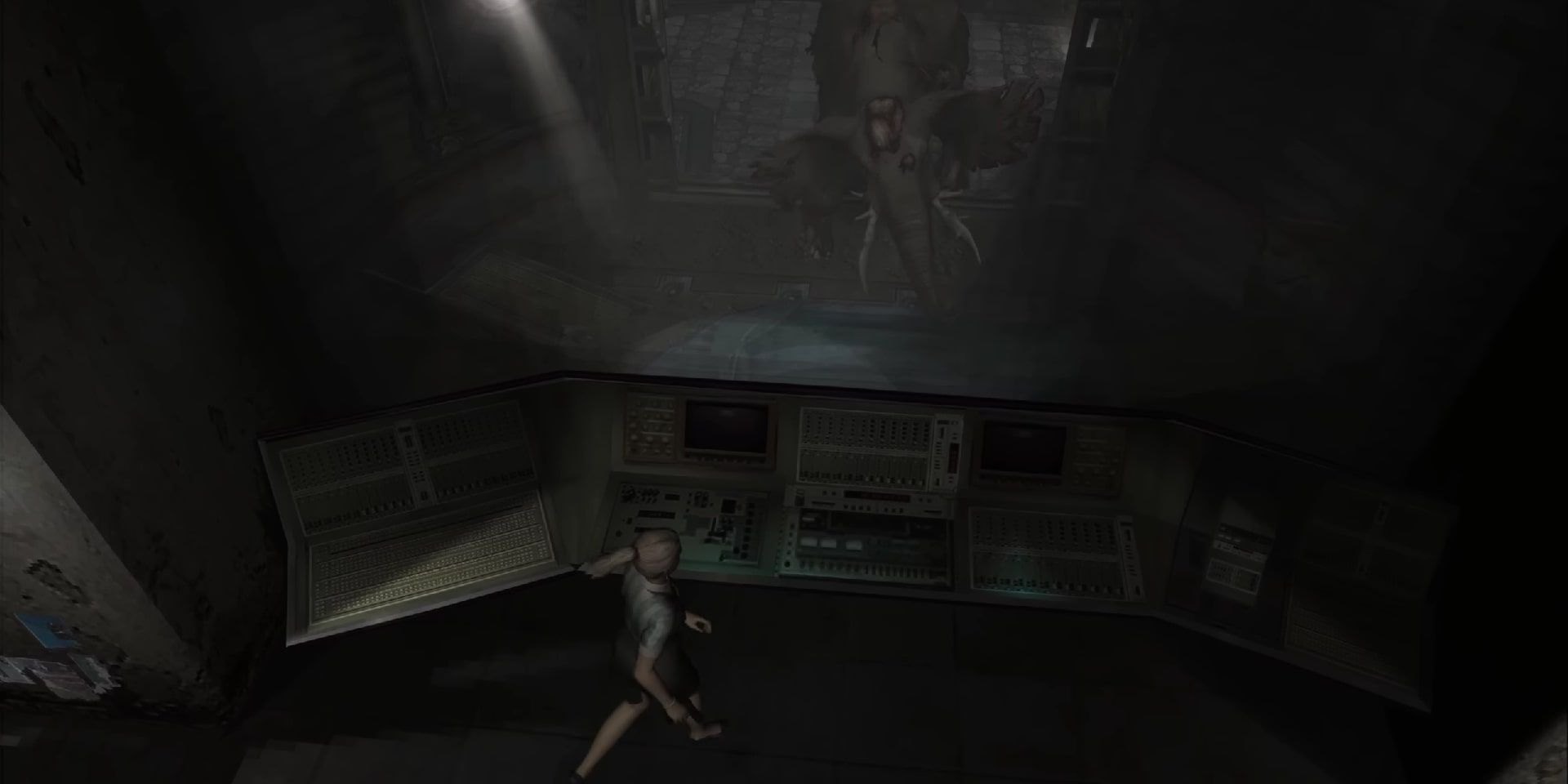 Cindy running to a control panel while a zombified elephant roams through the floor below her in Resident Evil Outbreak: File 2