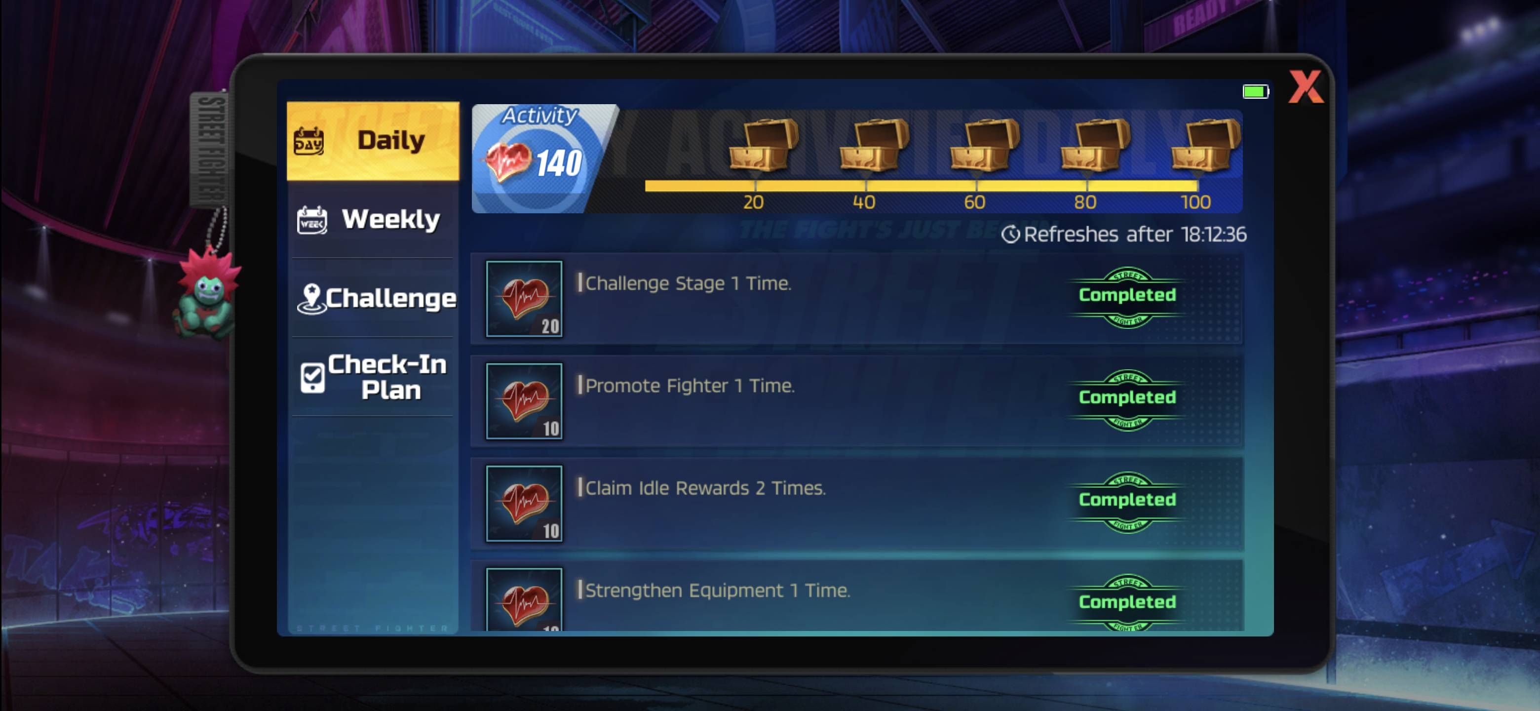 The Daily Missions screen in Street Fighter: Duel shows completed missions and claimed rewards.