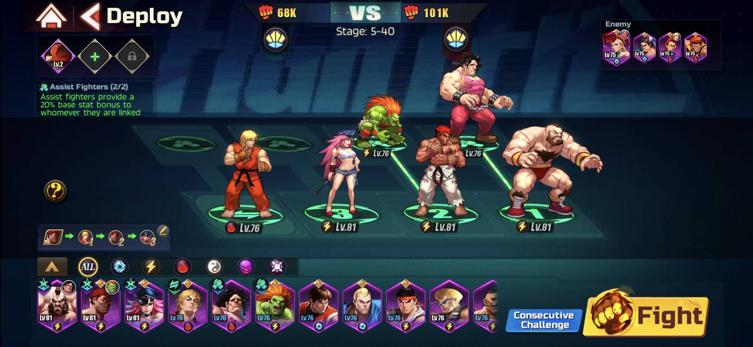 Street Fighter: Duel's layout screen shows the team of Zangief, Mad Ryu, and Poison replacing Ken, with Hugo and Blanka supporting them.