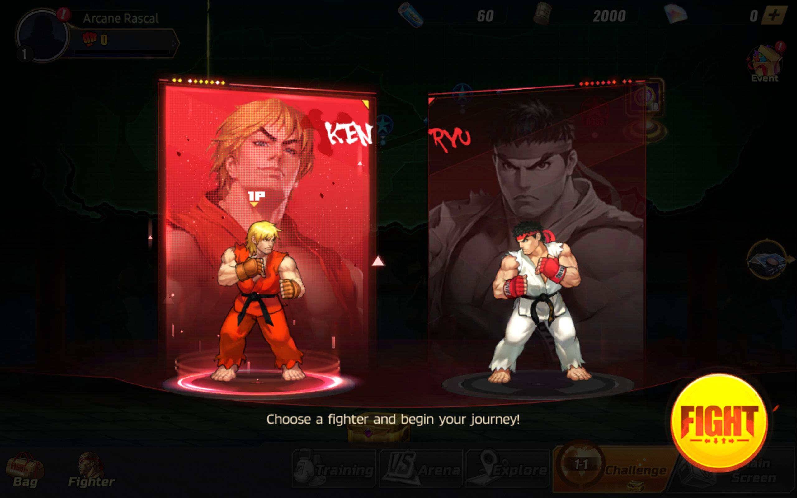 Street Fighter: A duel screen where you choose between Ryu and Ken.