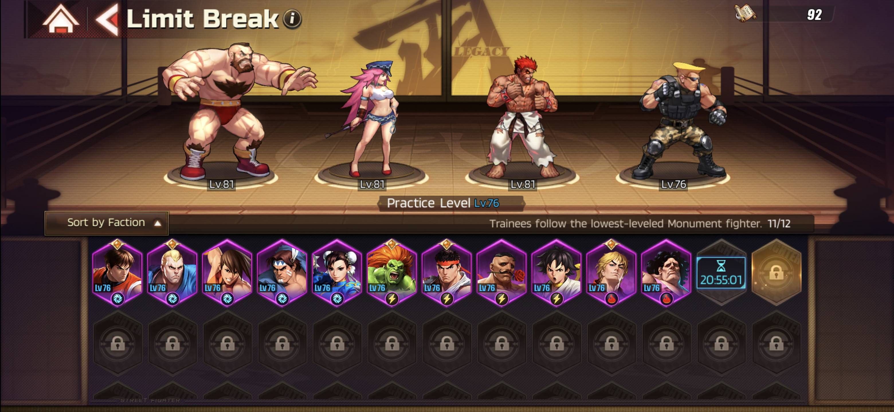 Экран Limit Break в Street Fighter: Duel, показывающий Zangief, Poison, Mad Ryu и Combat Guile как бойцов памятников.