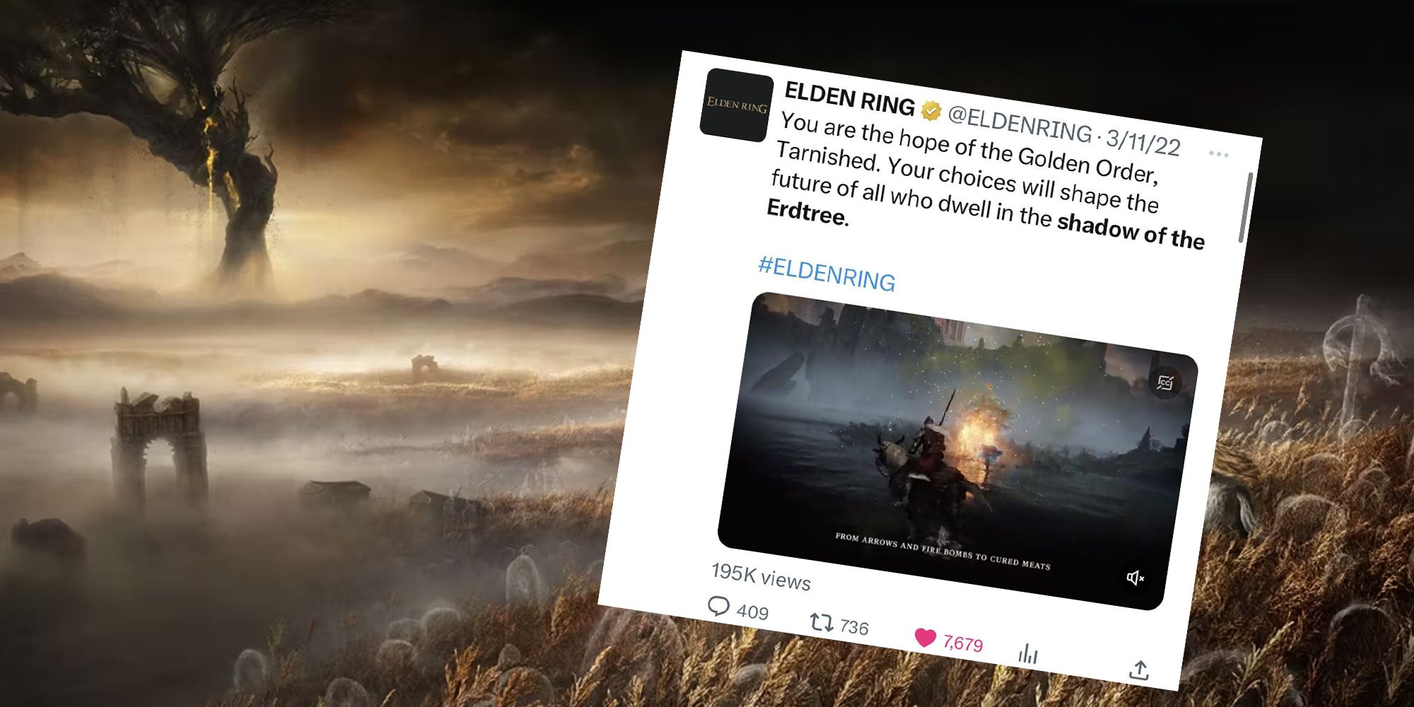 Tweet from March 2022 teasing Shadow of the Erdtree DLC a year before its release over the DLC key art