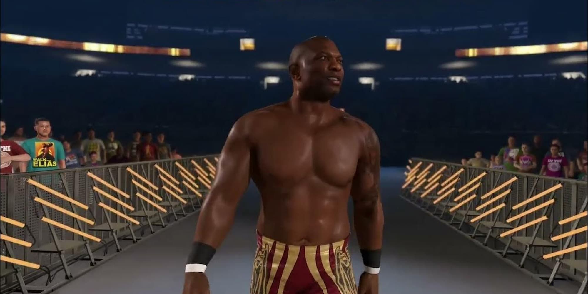 Shelton Benjamin smiles as he makes his way down the entrance ramp in WWE 2K23.