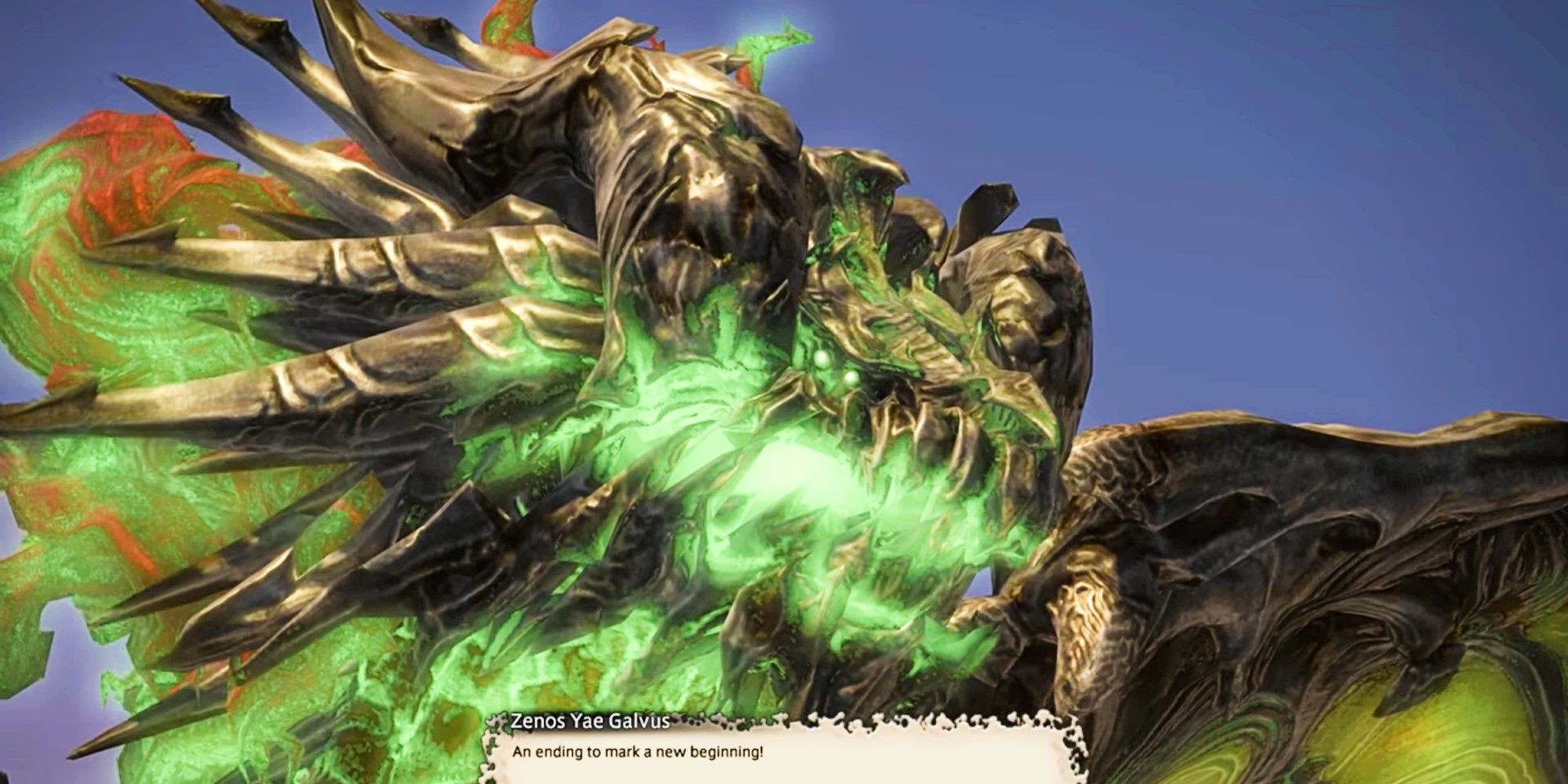 Shinryu glows a eerie green after fusing with Zenos against its will