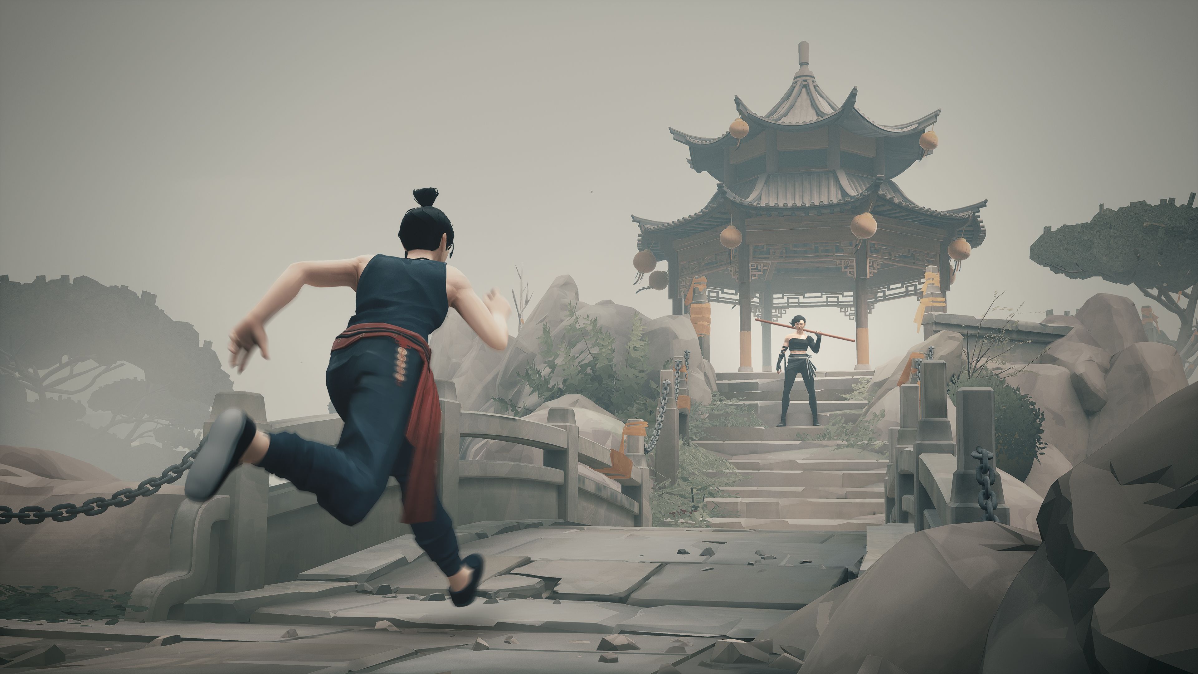 Sifu's protagonist running towards an enemy in the new arena mode.
