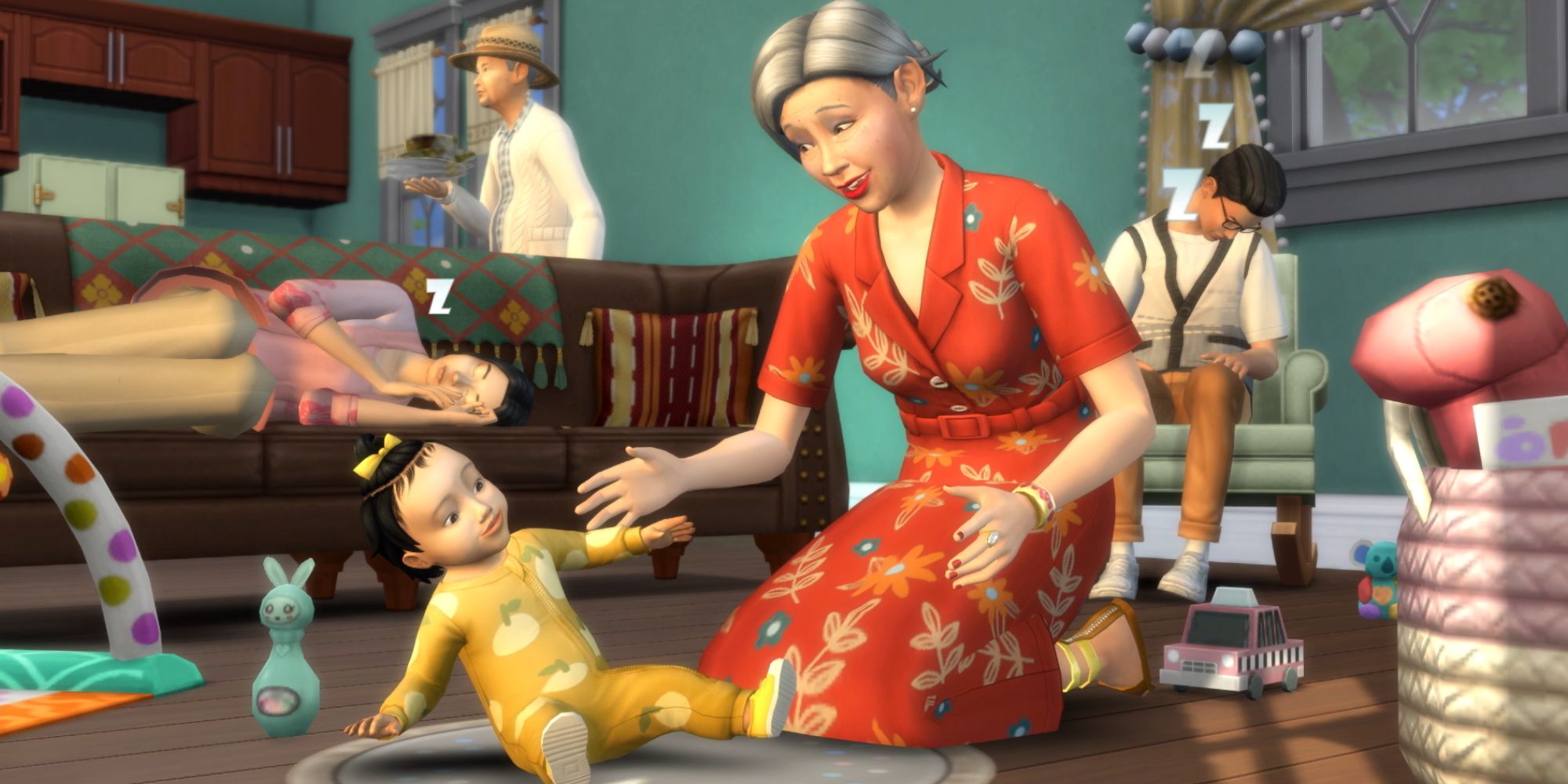 Sims 4 grandparent playing with an infant while the parent nods off