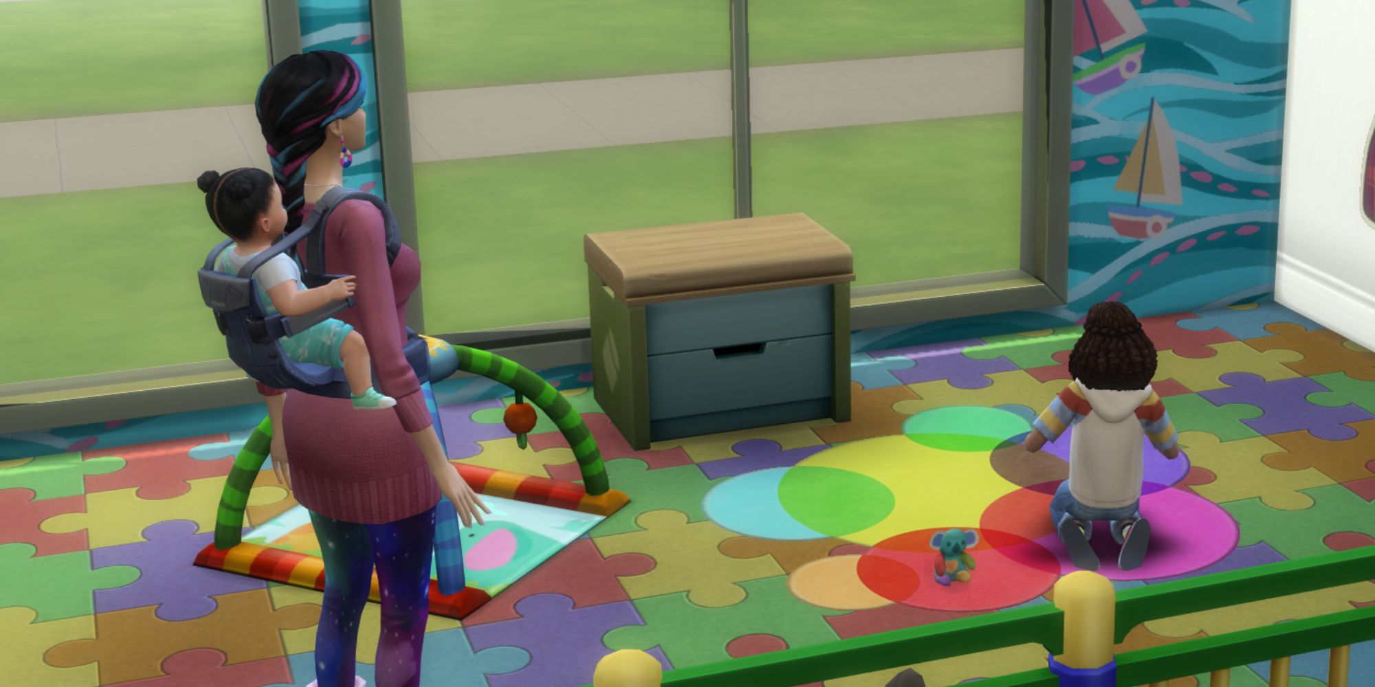 Sims 4 Growing Together Back carried baby in the rec center