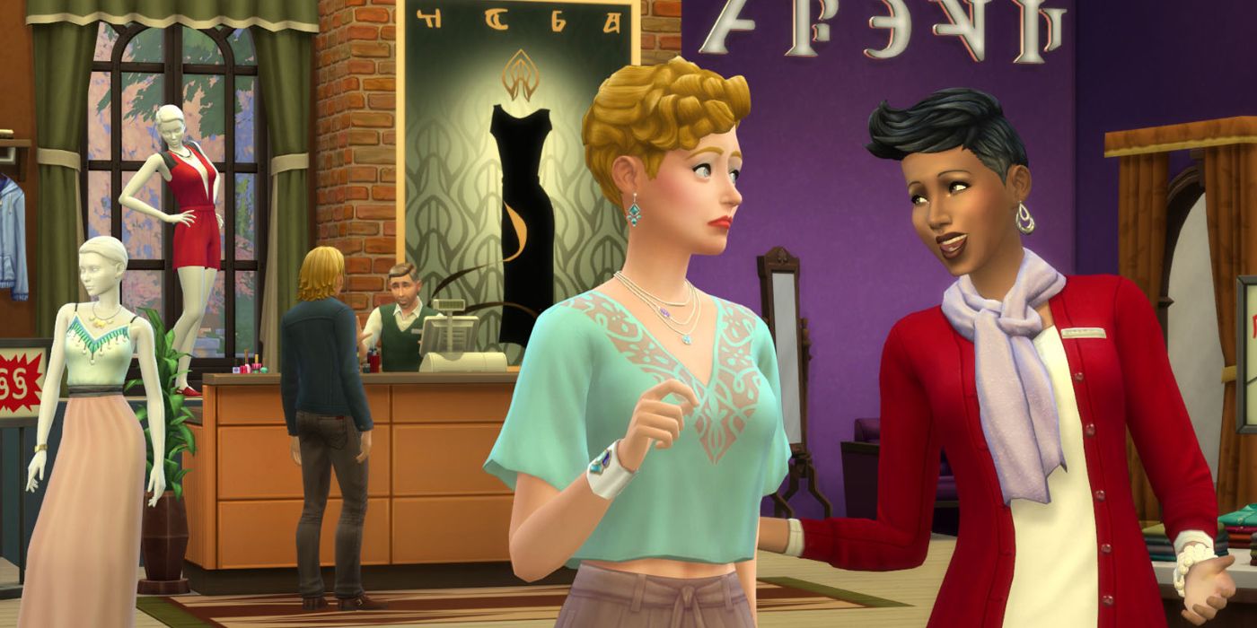 Sims 4 Retail Store with gossiping clients in the foreground