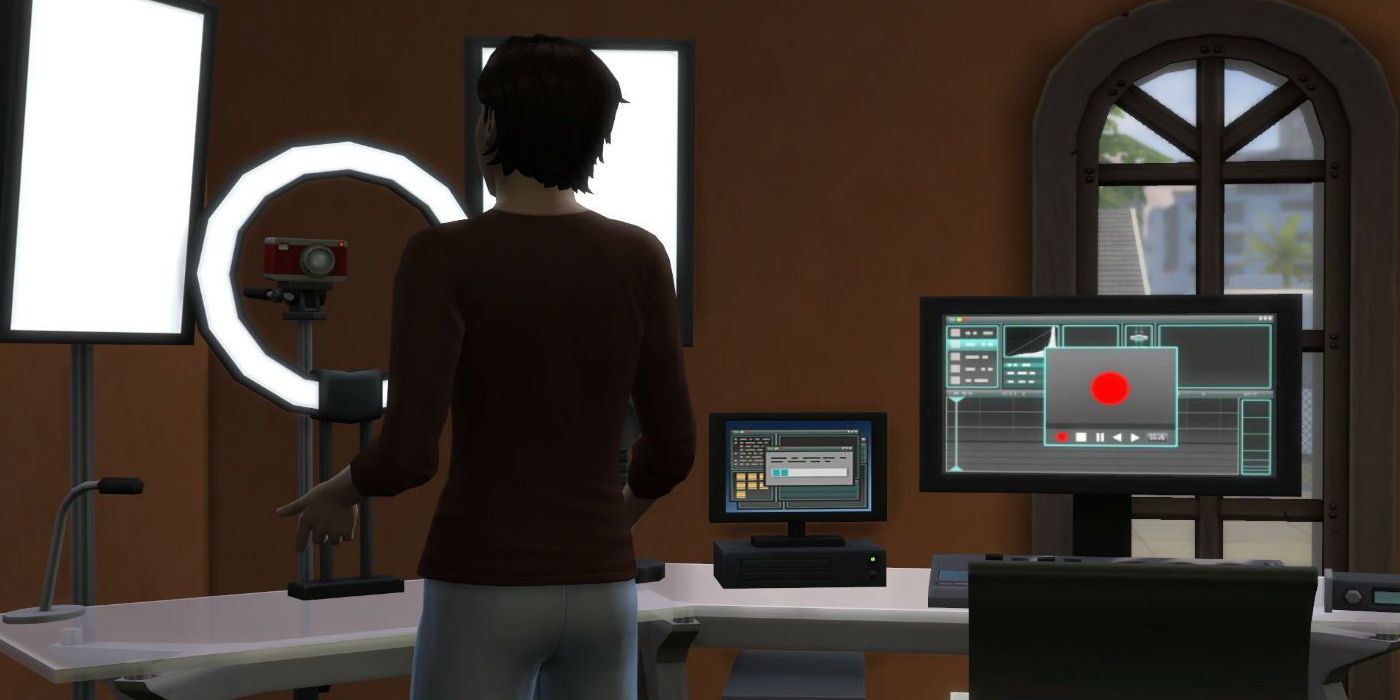 Sims 4 YouTuber Career sim stood using the content creator desk