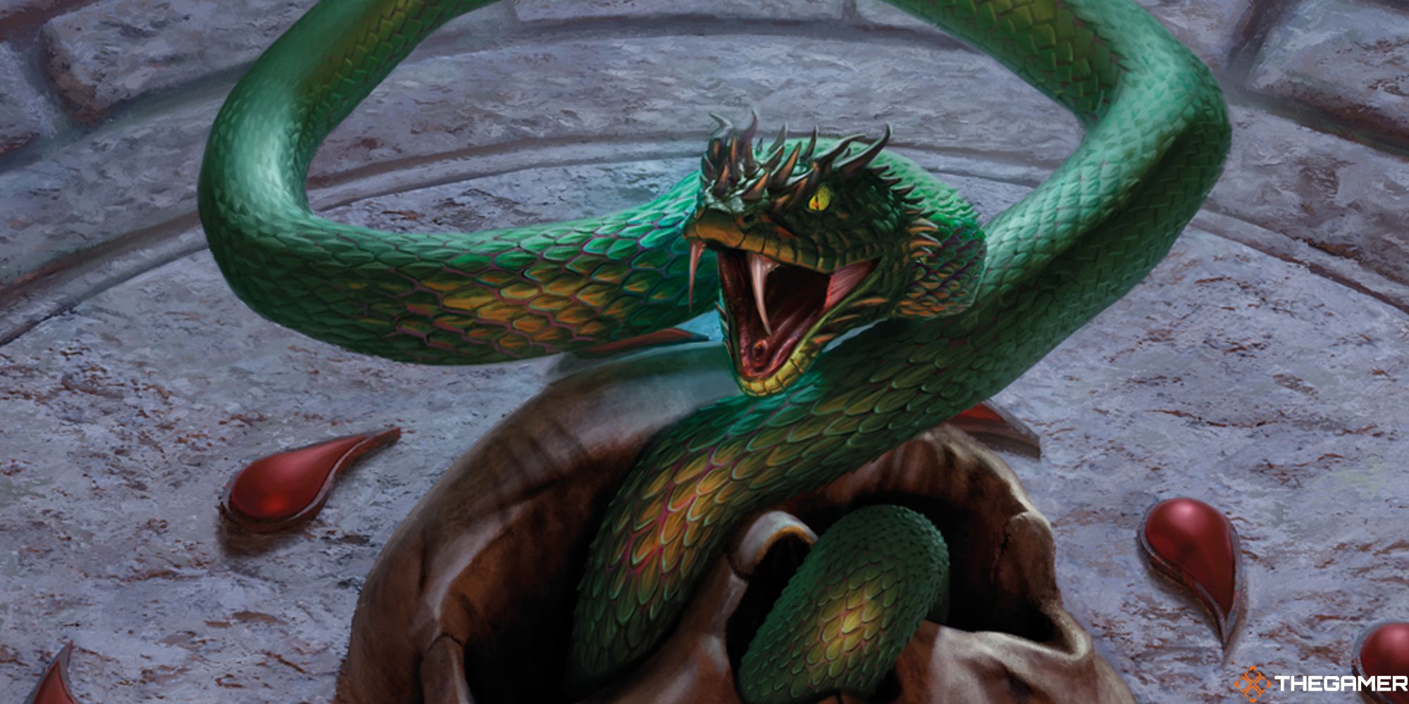 A snake crawling out of a skull in D&D