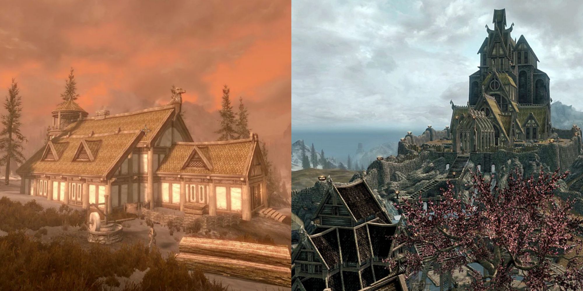 skyrim Heljarchen Hall - View of the Hall at sunset (left), whiterun as seen from above (right)