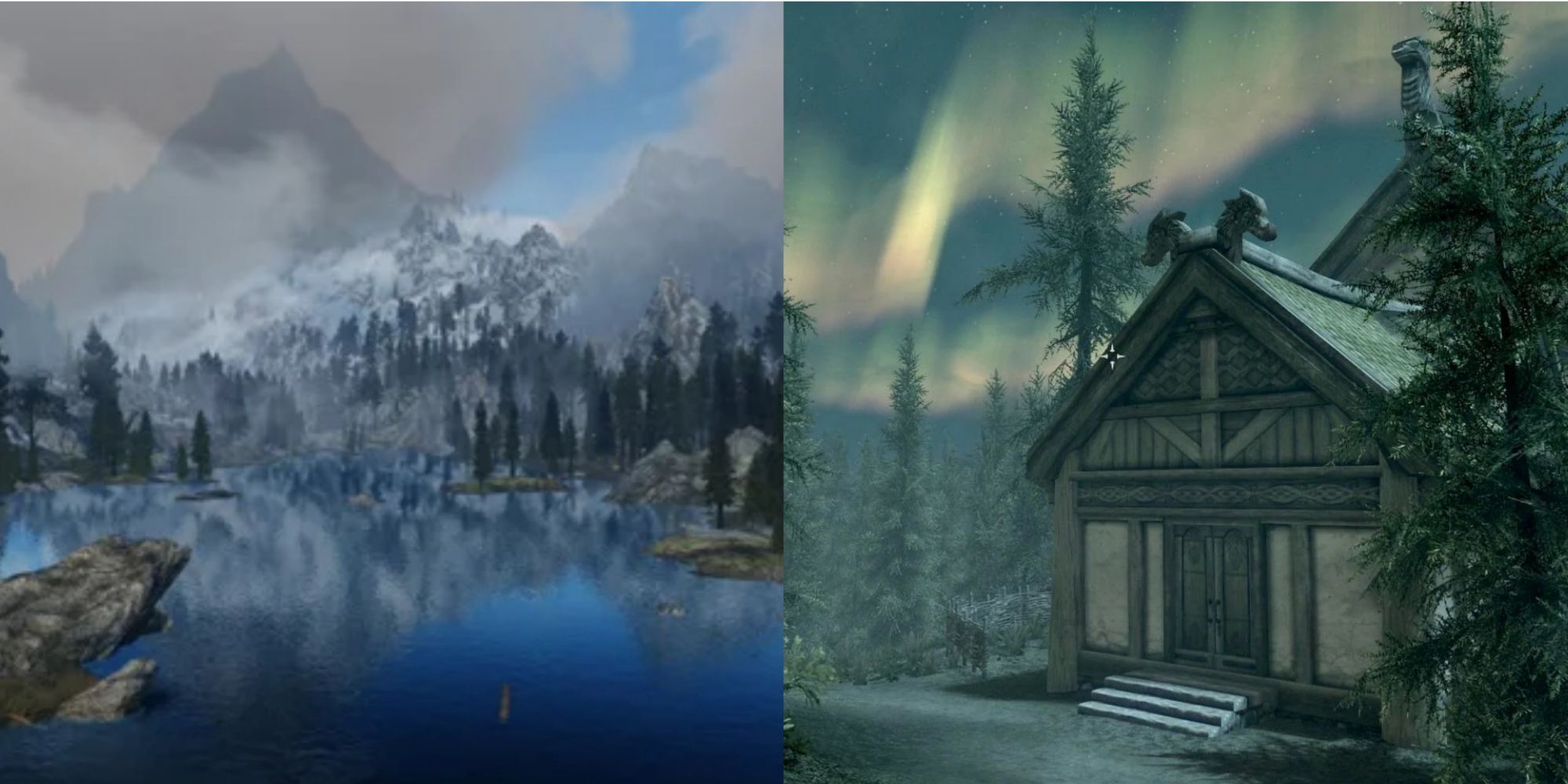 skyrim lakeview manor - View of Lake near the manor (left) and manor during the night-time (right)