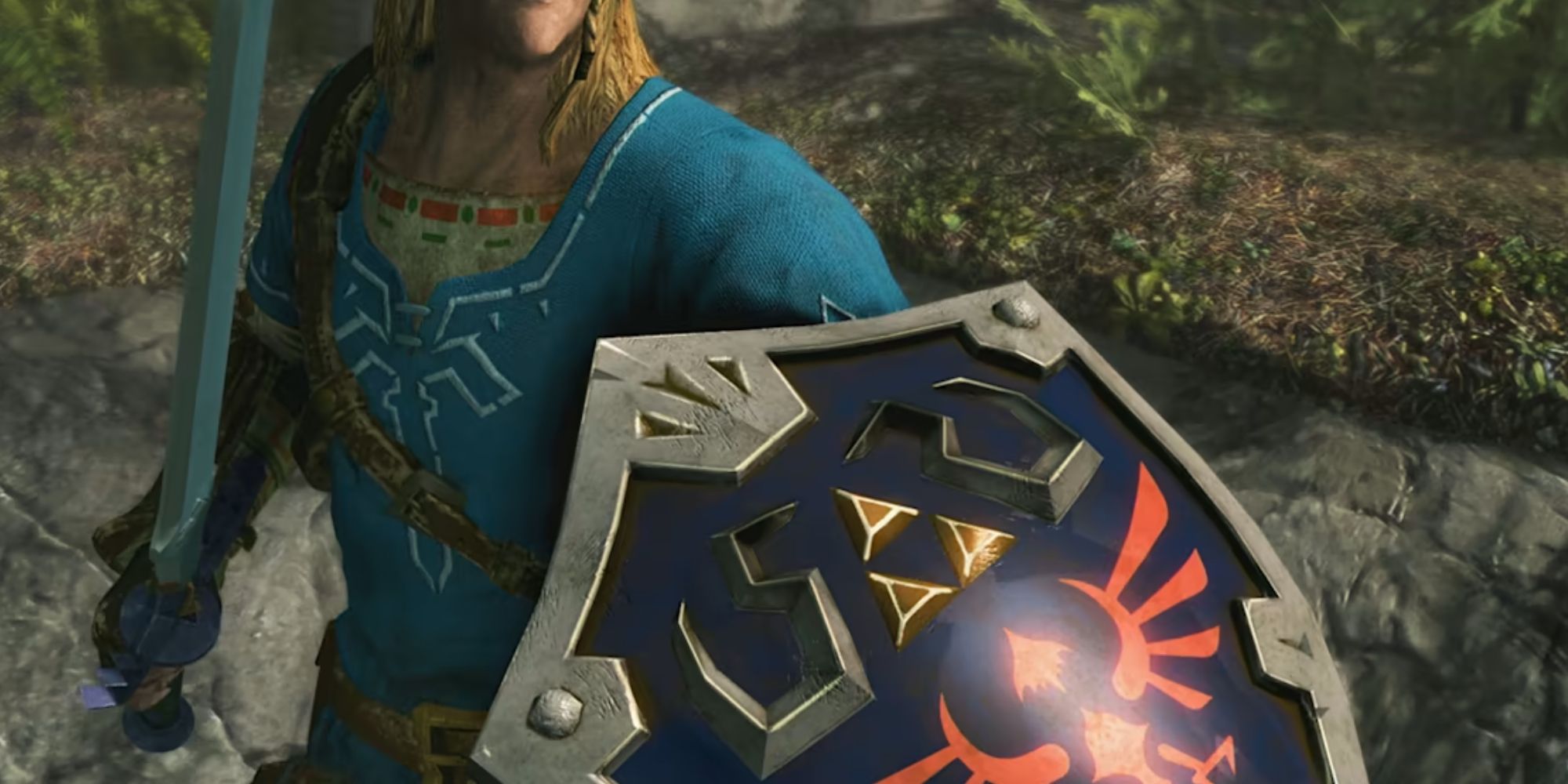 Skyrim player wearing Links clothes holding the Hylian Shield and weilding the Master Sword from Zelda
