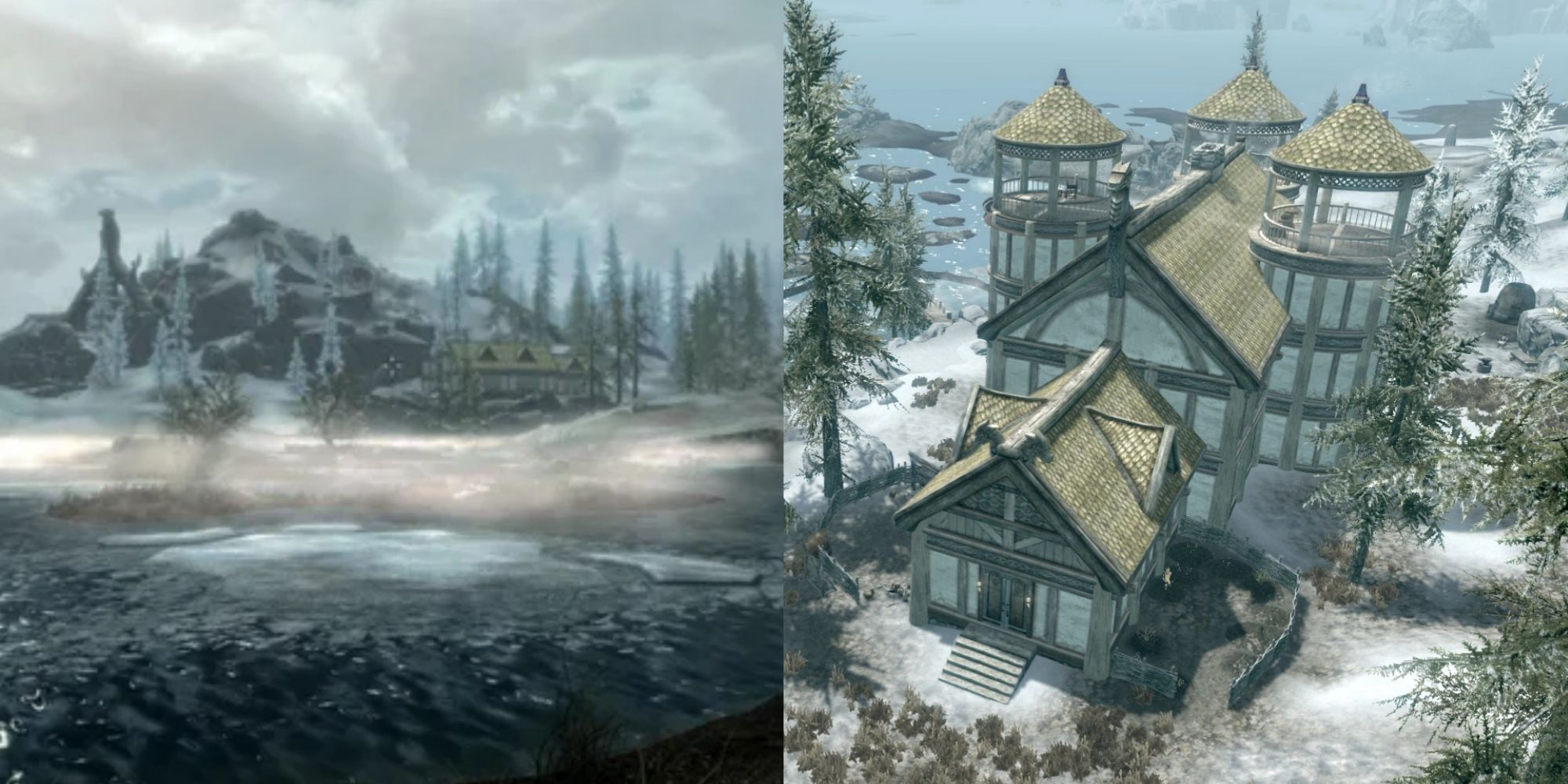 skyrim Windstad Manor - View of Lake near the manor (left) and manor from above (right)