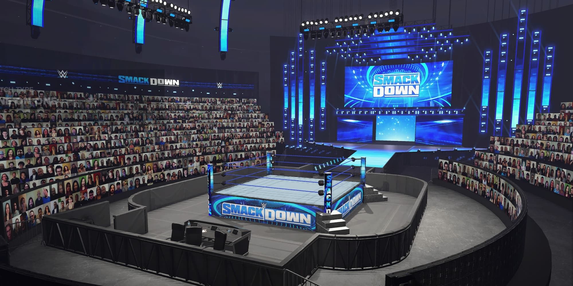 The SmackDown Thunderdome has many screens with fans' faces on them in WWE 2K23.