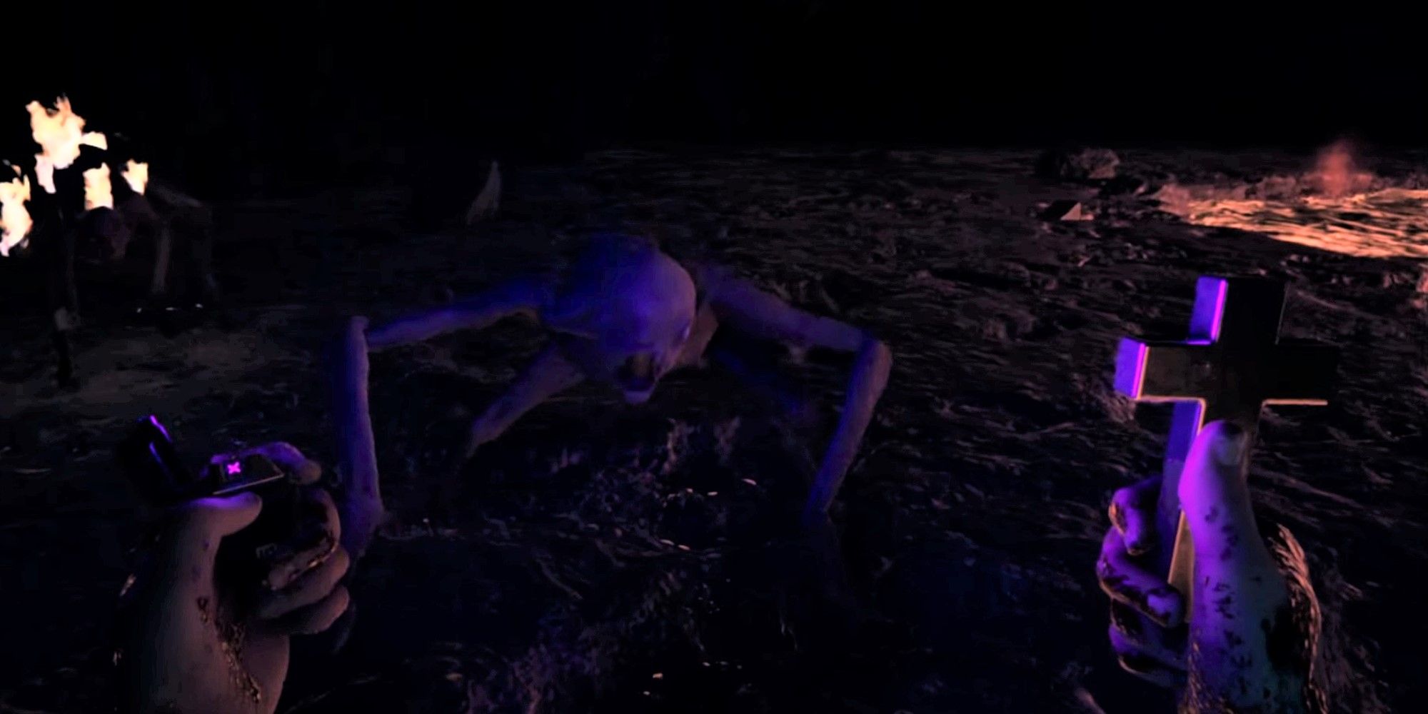 An image of a Demon from Sons of The Forest, an endgame mutant that burns from a cross. 