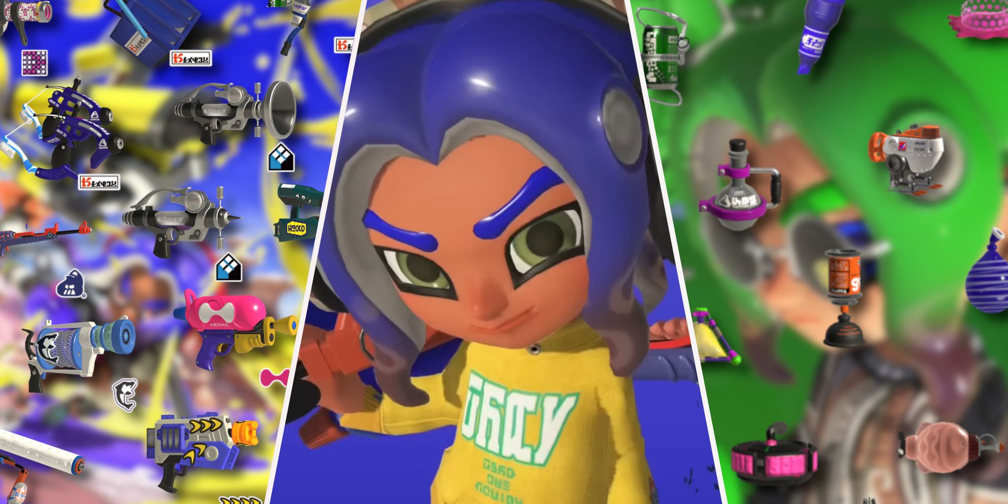 Splatoon 3 Weapons On The Left, Splatoon 3 Sub Weapons on the right, and the promotional art for Splatoon 3 Fresh Season In The Middle