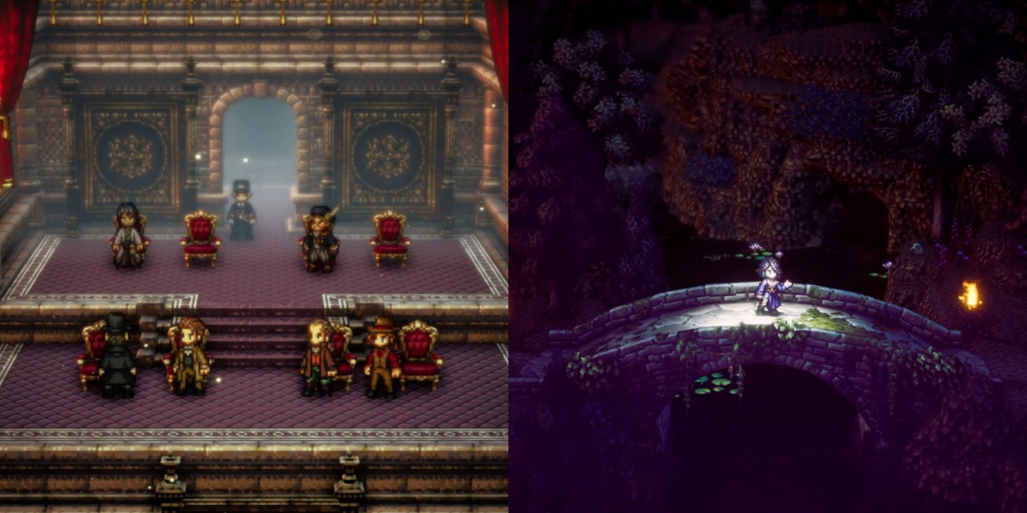 Octopath Traveler 2: Most Memorable Quotes featuring Kazan and other NPCs on the left, and Throne on the right