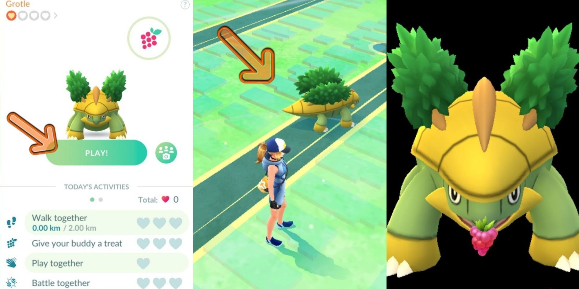 Split image screenshots of playing with Grotle, walking with Grotle, and feeding Grotle in Pokemon Go.