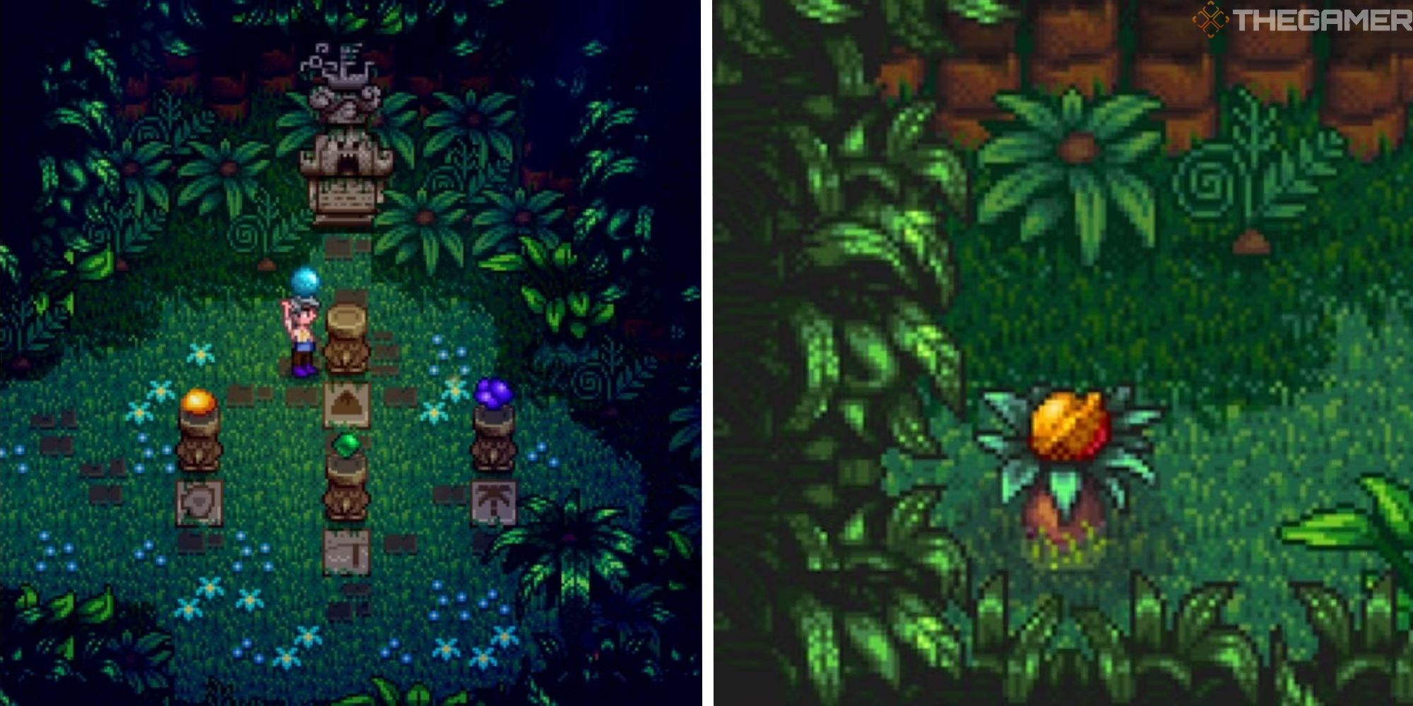 split image showing player solving a puzzle, next to image of walnut bush