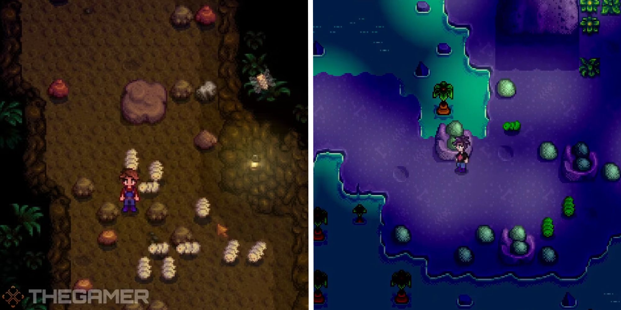 split image showing bugs in the mines and bugs in the mutant bug lair
