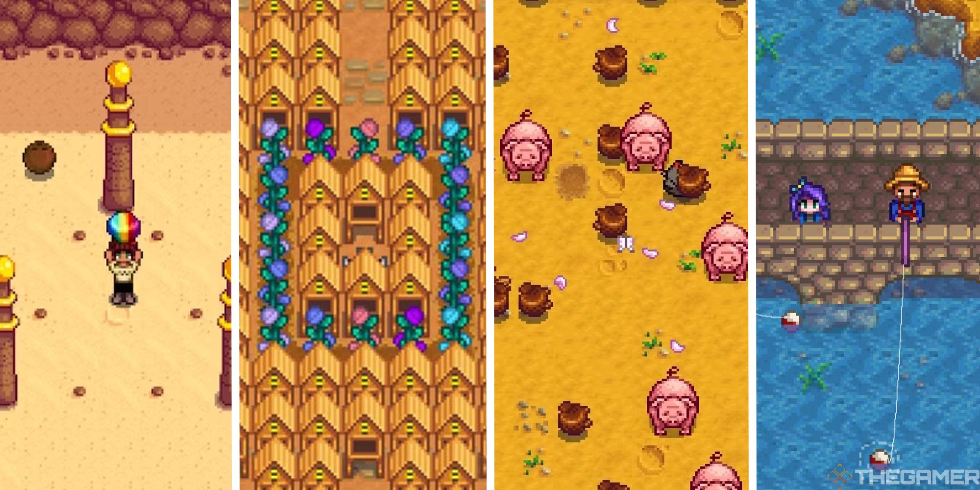 split image showing prismatic shard, beehives, truffles, and a player fishing