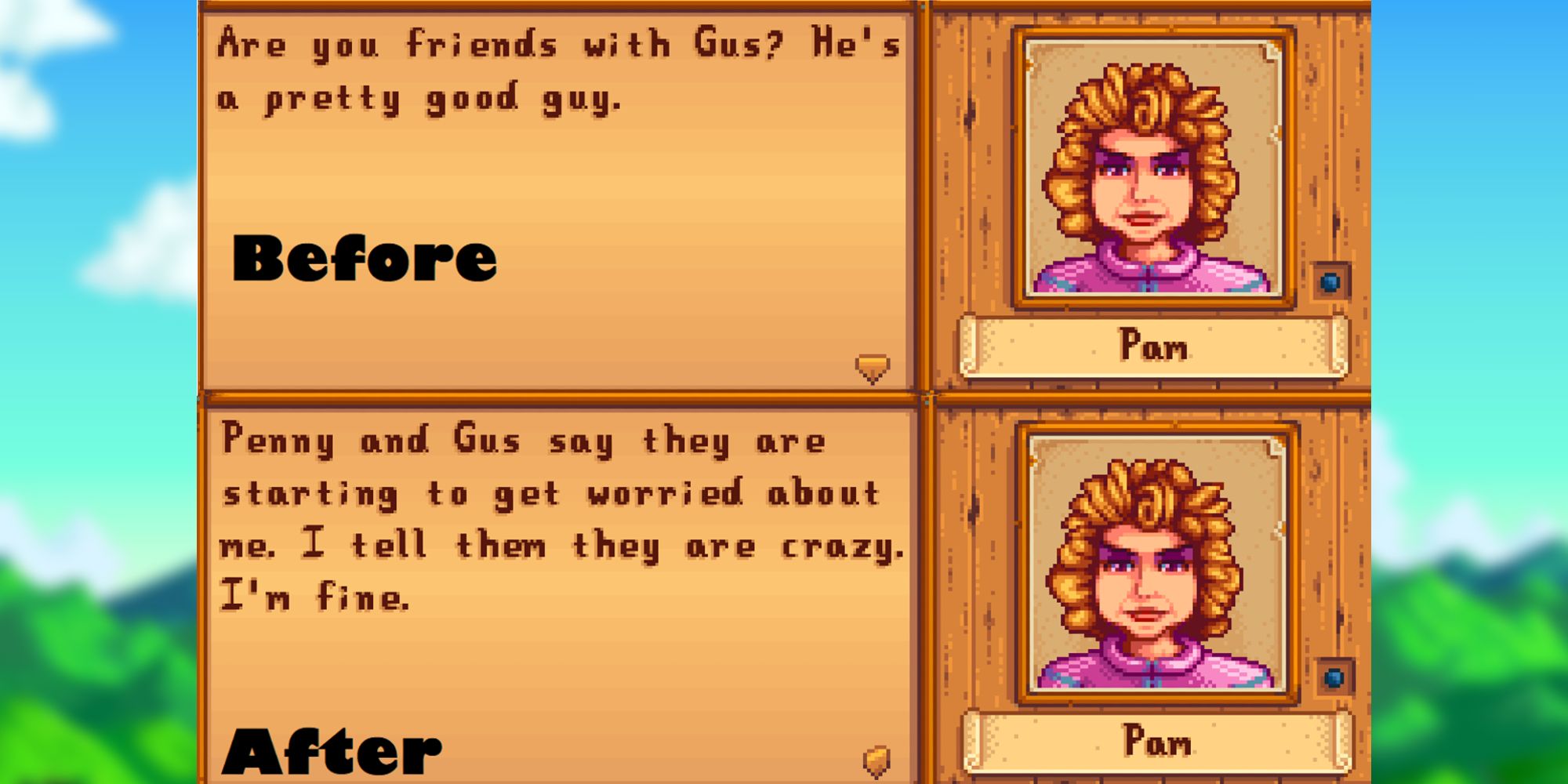 stardew valley pam overhaul mod showing dialogue in vanilla above dialogue with the mod