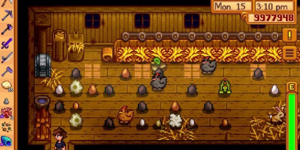 Stardew valley player in a coop with chickens and dinosaurs, eggs everywhere.