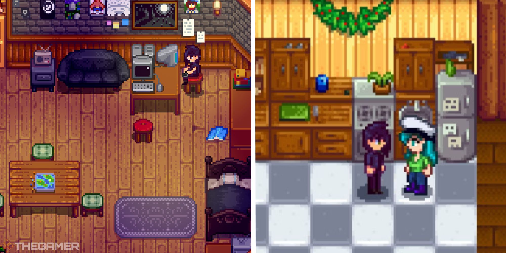 split image showing sebastian in room next to image of sebastian and player in kitchen