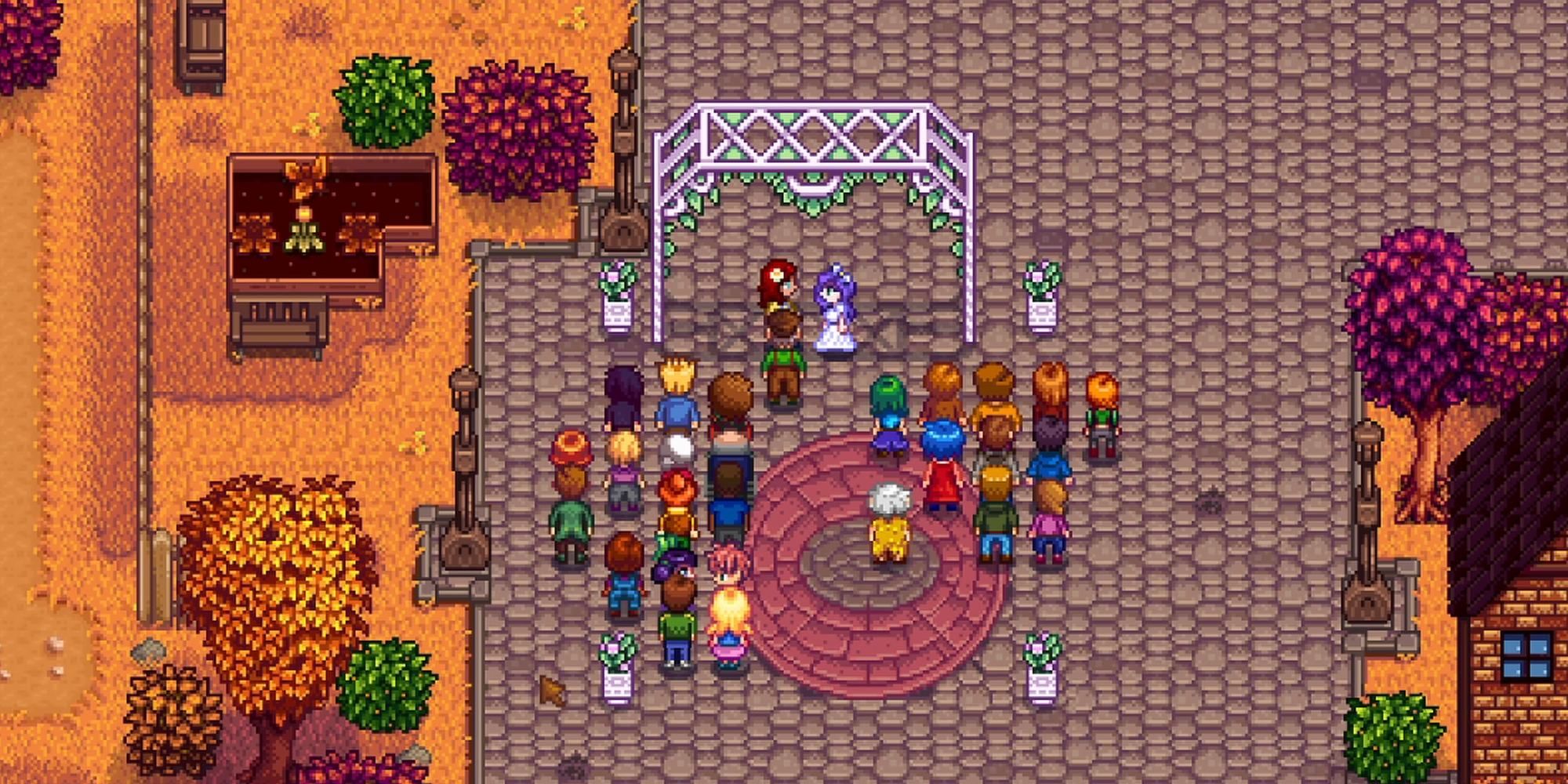 Stardew Valley's wedding ceremony between a player and an NPC villager