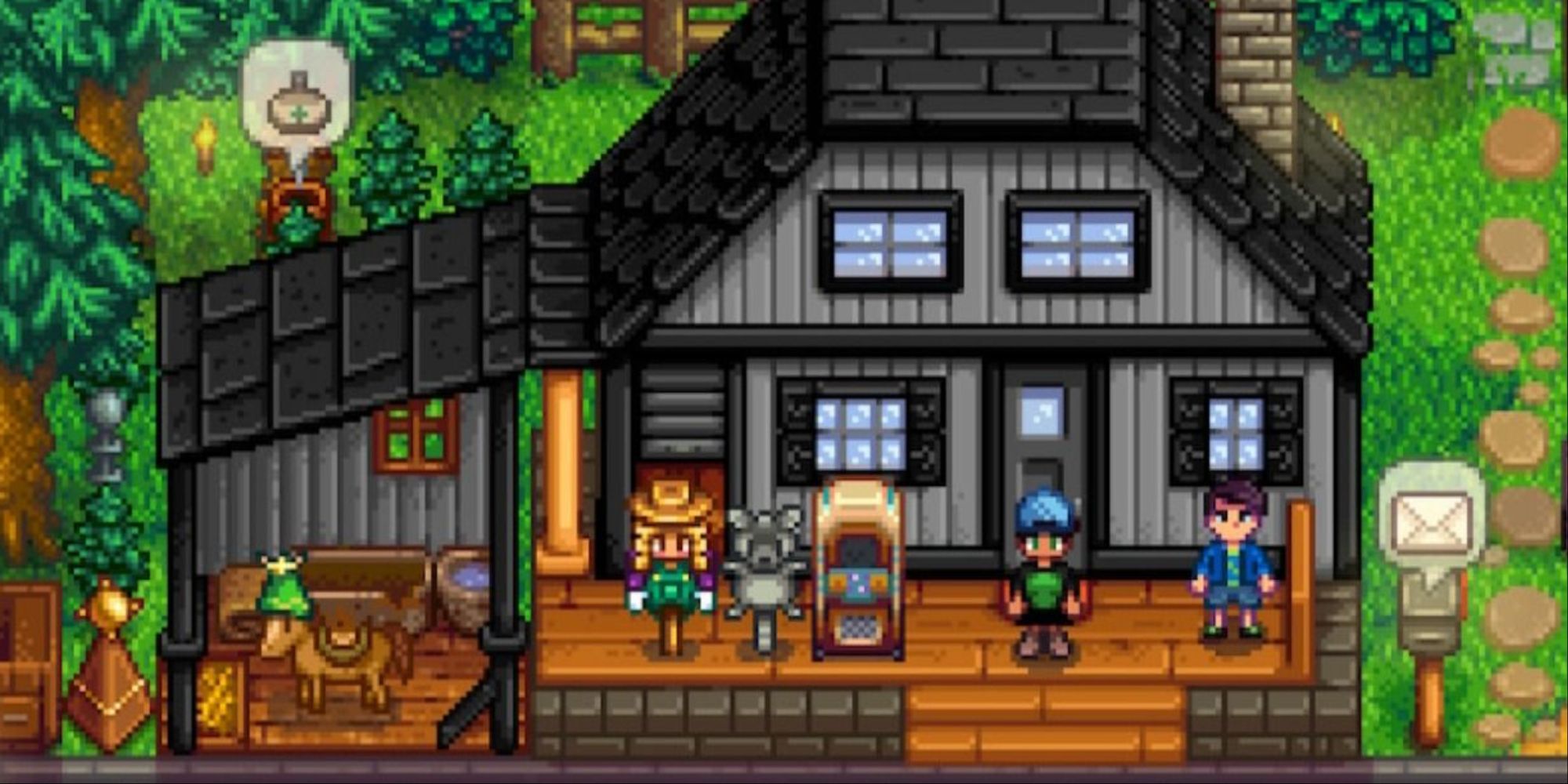 Stardew Valley - the farmhouse with the player and shane standing outside