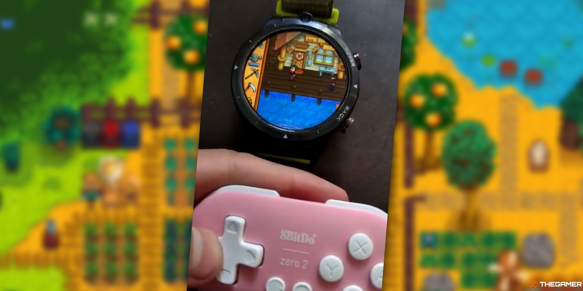 Stardew Valley on an Android Watch with a pink 8BitDo controller
