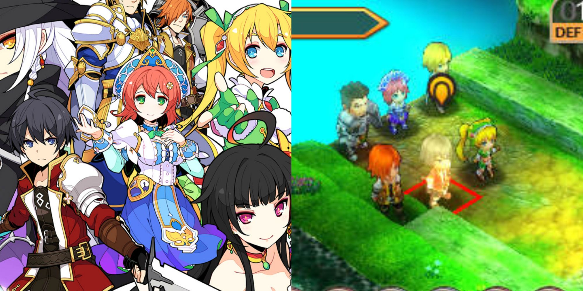 Split image screenshots of the Stella Glow cast in official art and the party in a grass area.