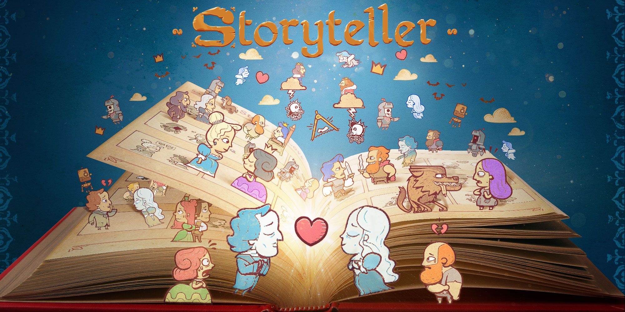 Storyteller-Kunstwerk, das Charaktere über dem Buch zeigt