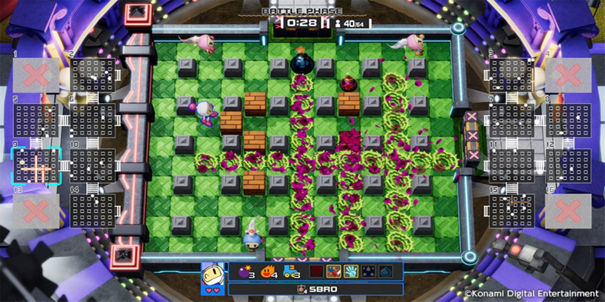 Bombermen compete in a 64-player battle royale in Super Bomberman R Online.