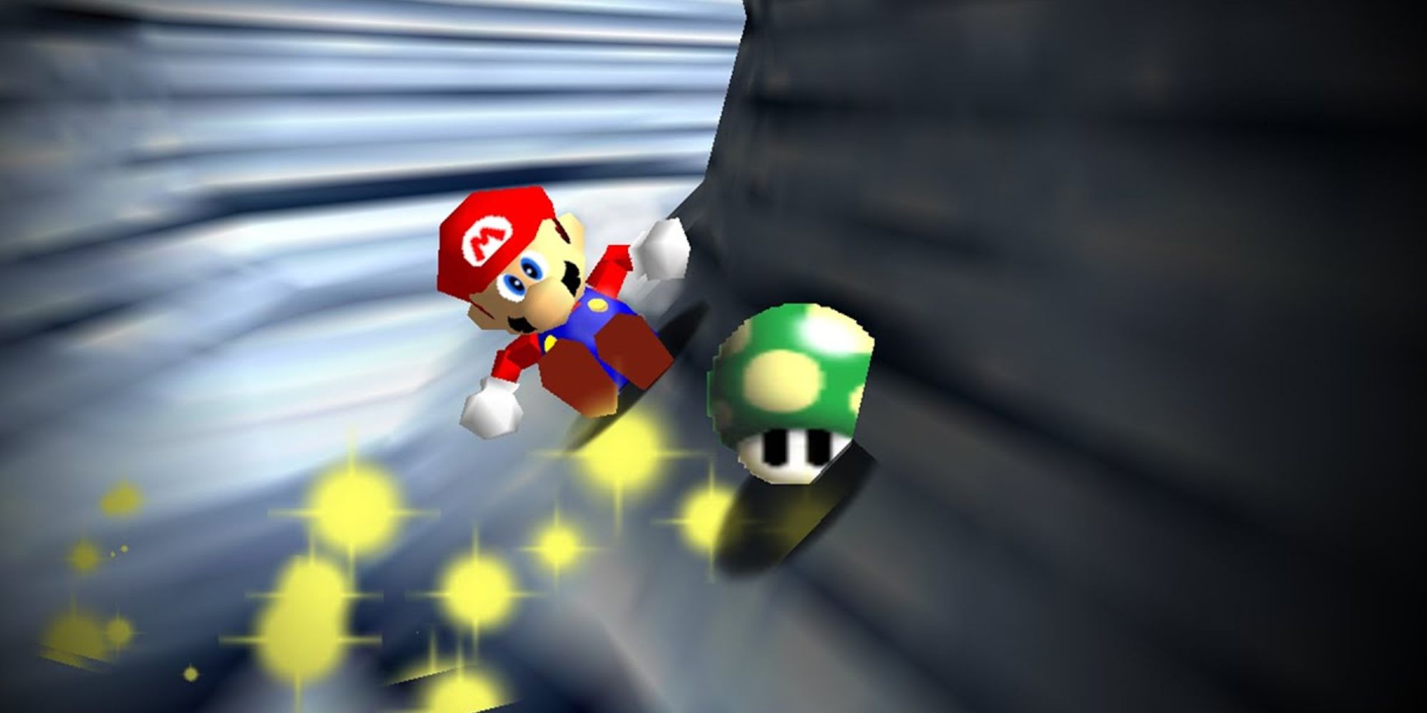Super Mario 64 speedrunner sliding into a 1-Up in a tunnel