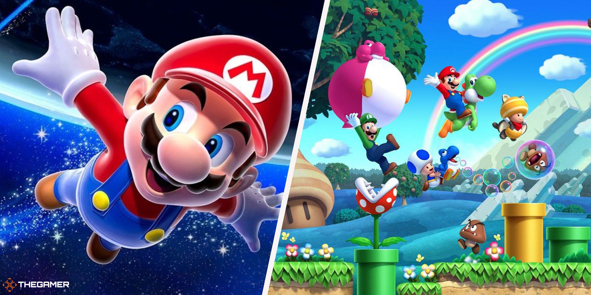 Super Mario Bros - Mario galaxy on left, mario bros on wii u on right