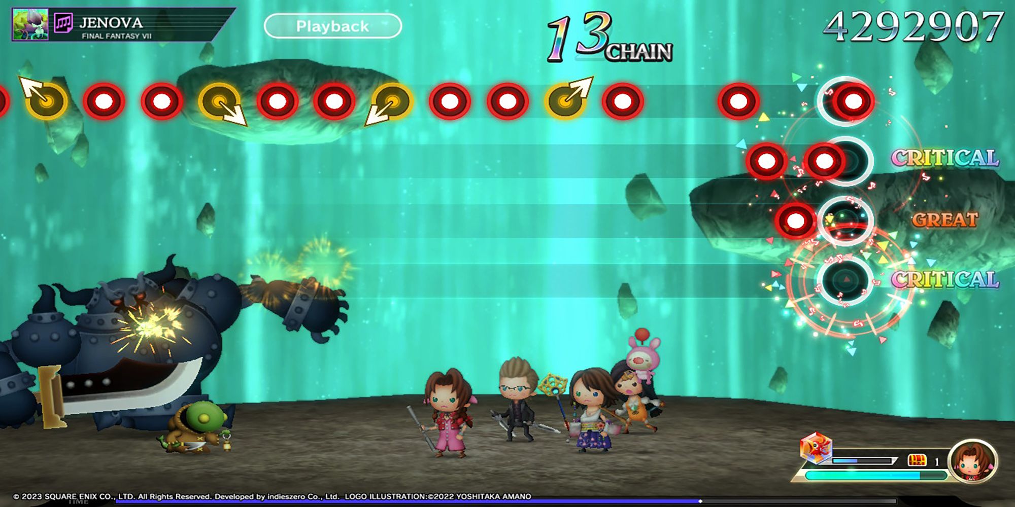 Aerith, Ignis, Yuna, and Garnet face off against monsters during a Supreme level Battle Music Stage in Theatrhythm: Final Bar Line.