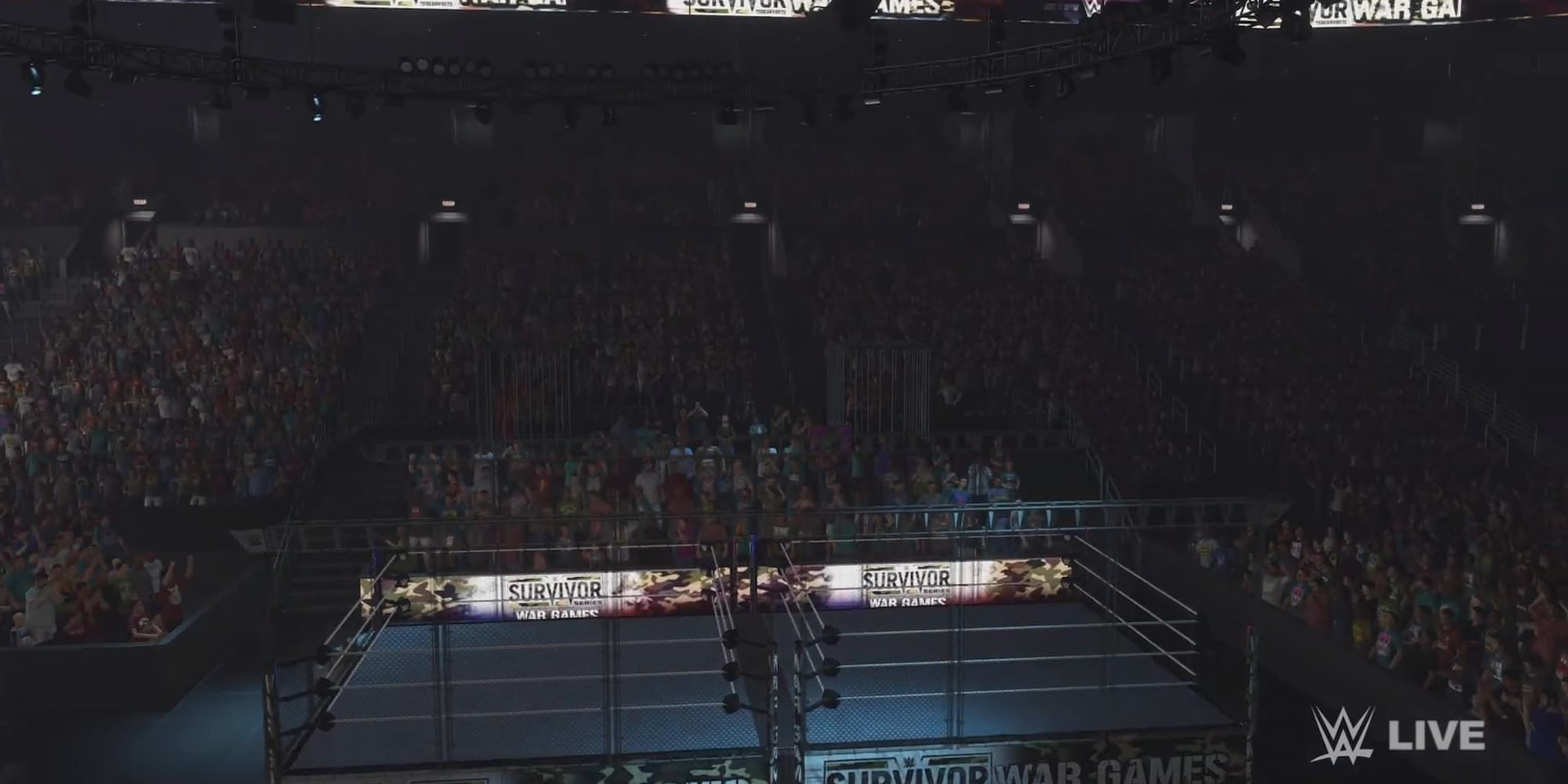 The Survivor Series War Games arena in WWE 2K23 has two rings surrounded by a cage and two holding cells for teams in the crowd.