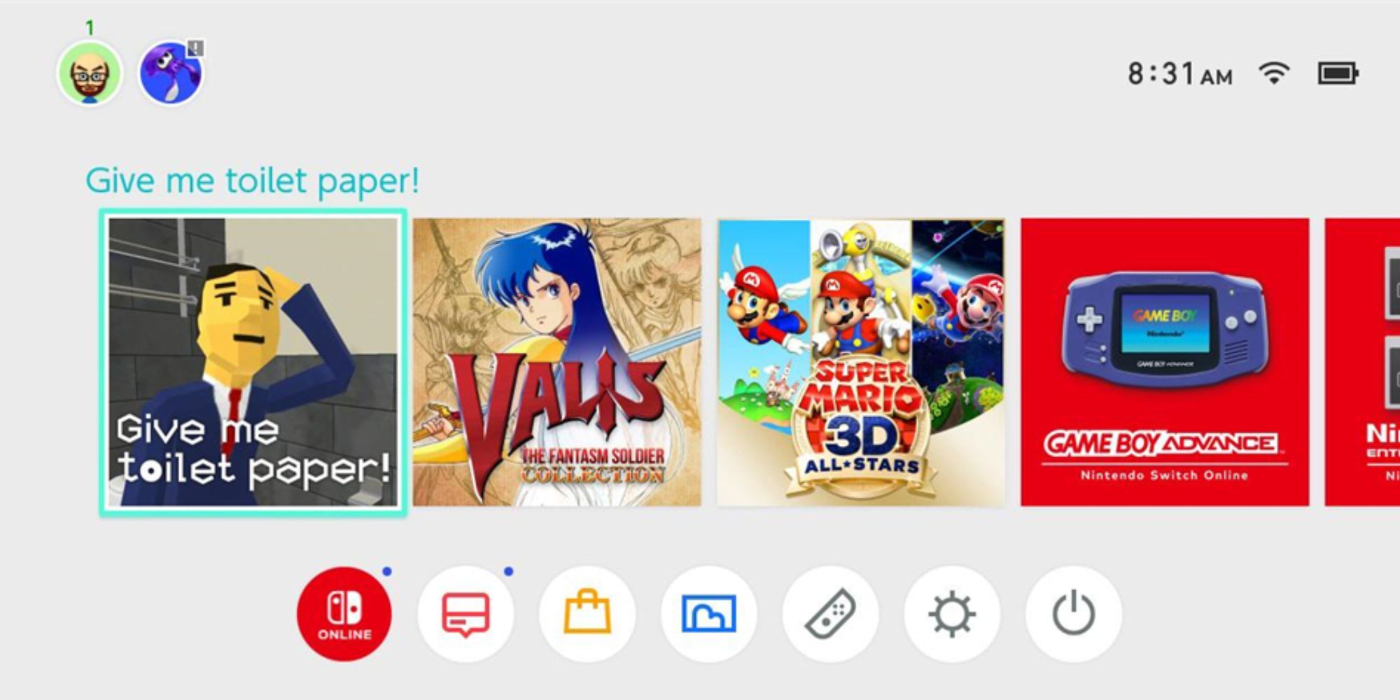 A Switch menu, showing the game icon for "Give me toilet paper!"