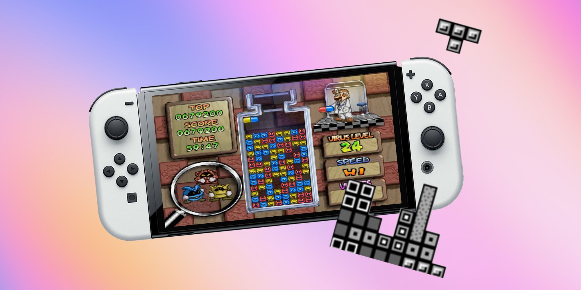 Switch playing Dr Mario with Tetris blocks outside the screen