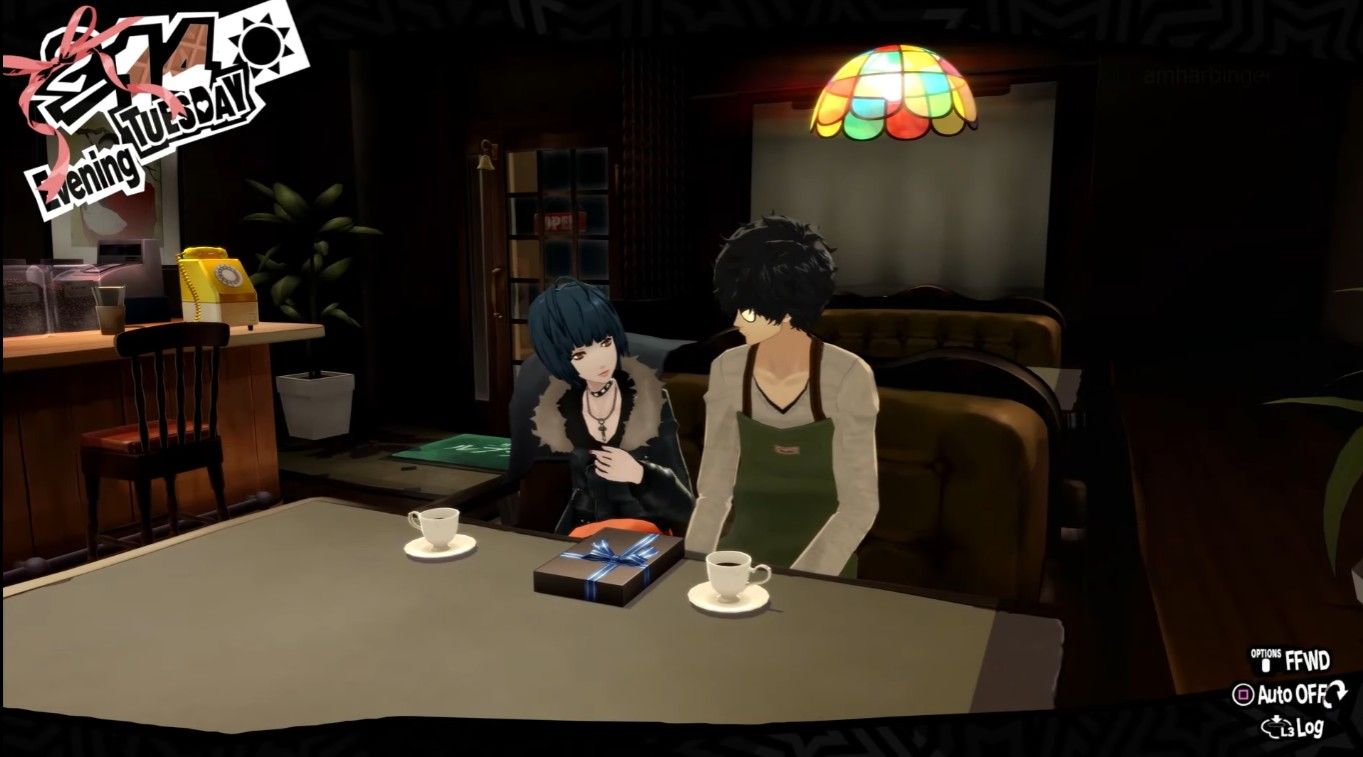 takemi and joker in a booth together at leblanc on valentine's day in persona 5 royal