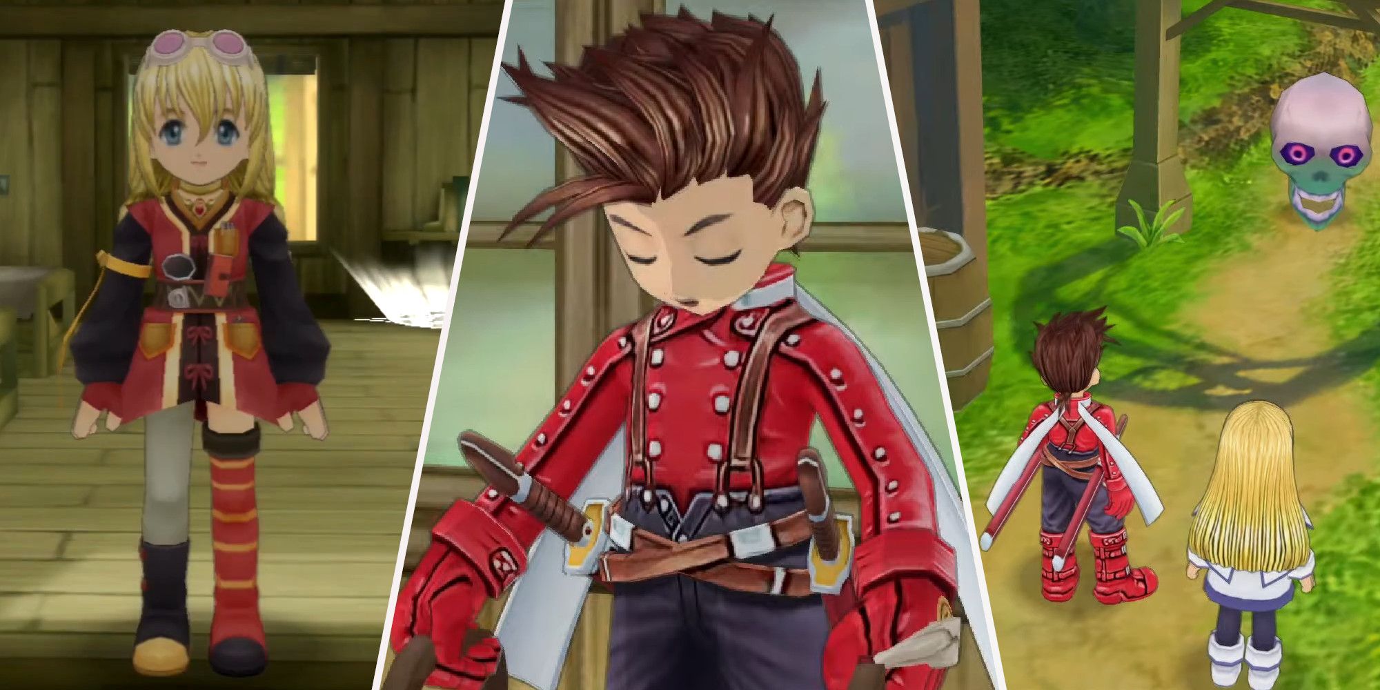 Colette In Genius Researcher Outfit, Lloyd Asleep, and Lloyd and Colette Facing Skull in Tales of Symphonia