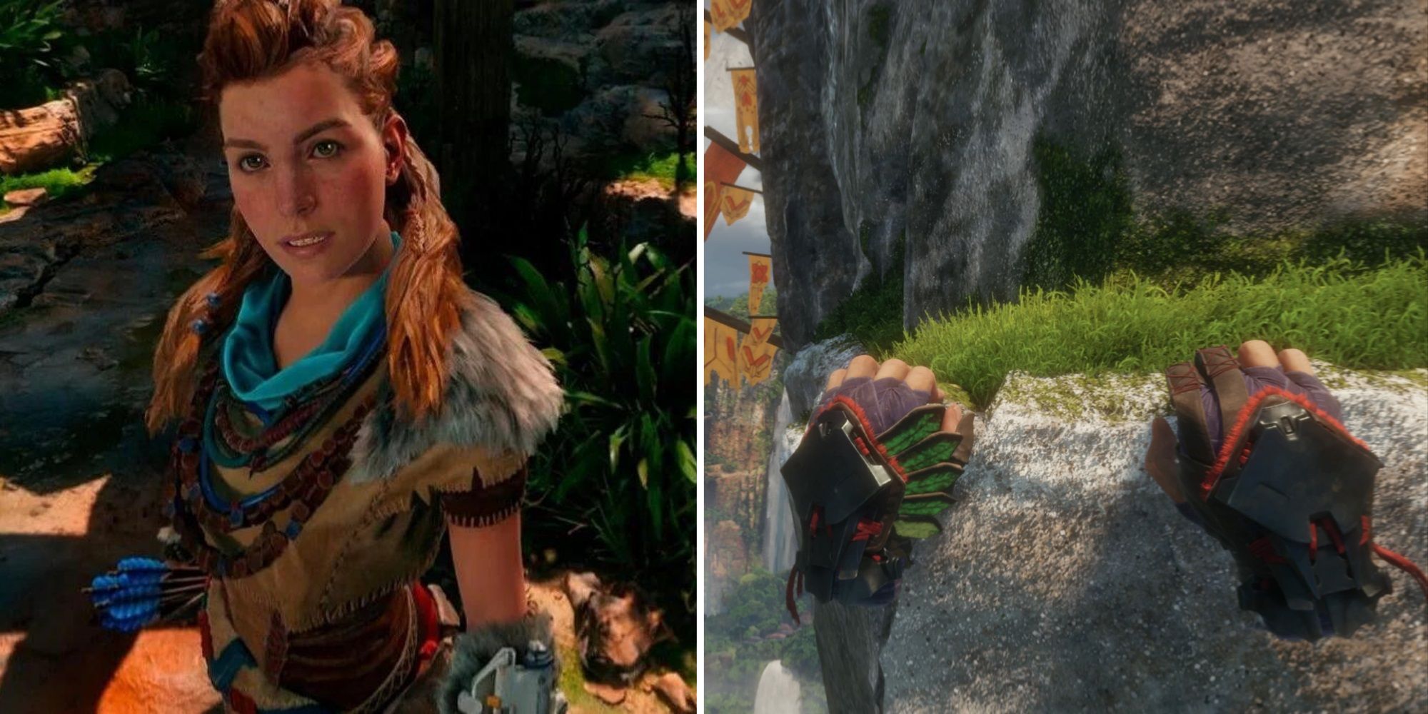 Talking to Aloy and climbing a ledge in Horizon Call of The Mountain