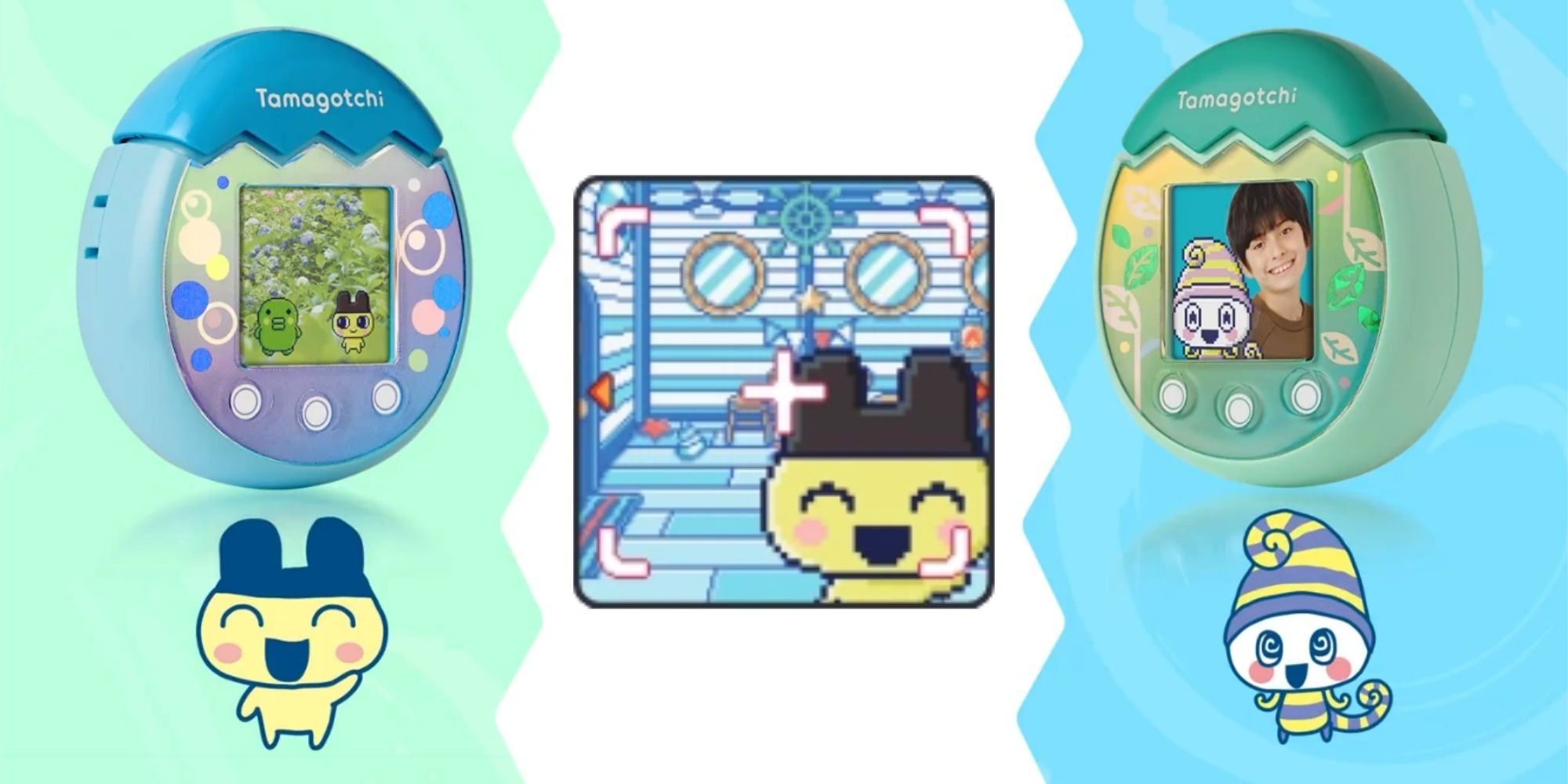 Two Tamagotchi Pix Model with a camera display in the middle